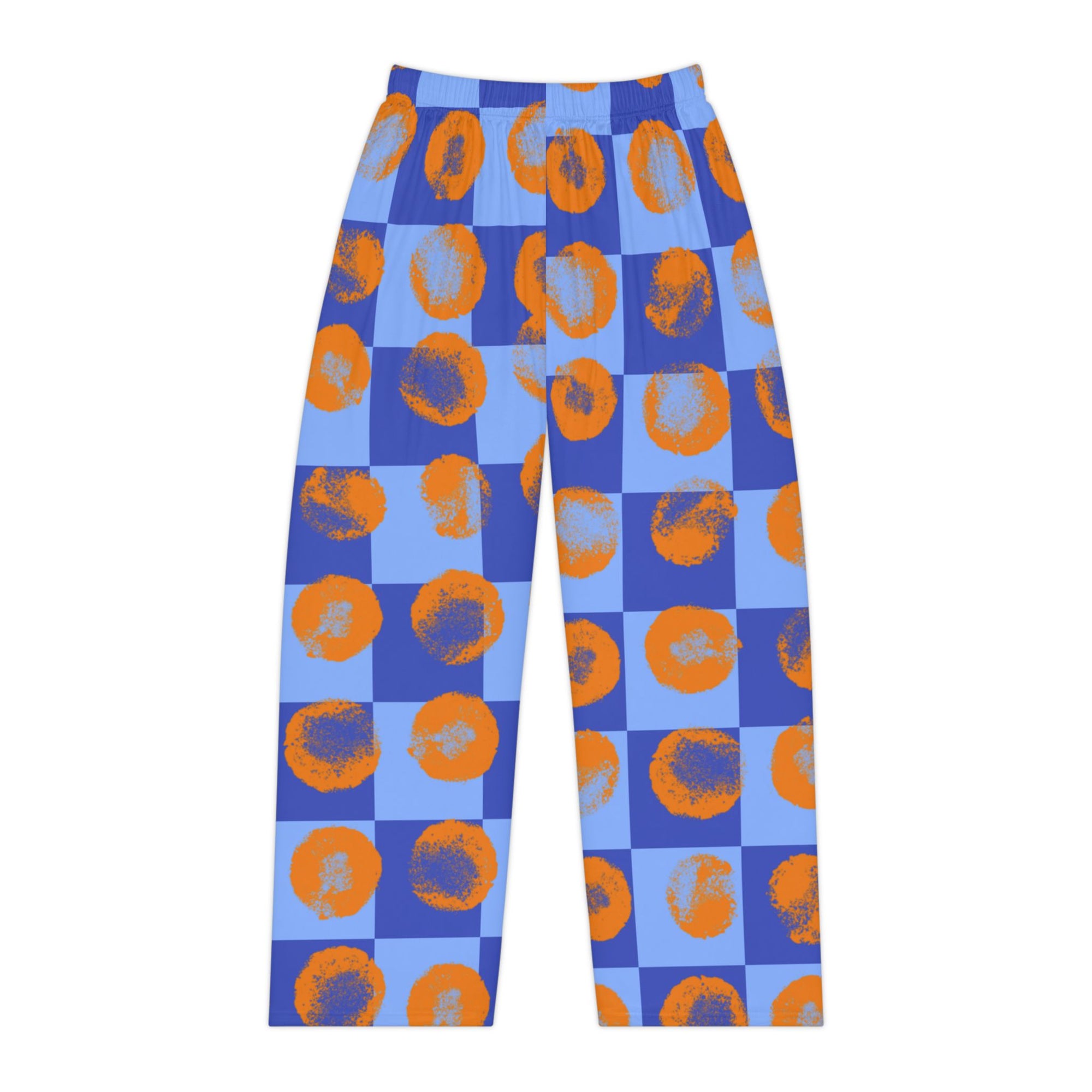 Blue Checkered Women's Pajama Pants with Orange Brushstroke Circles — Cozy Sleepwear