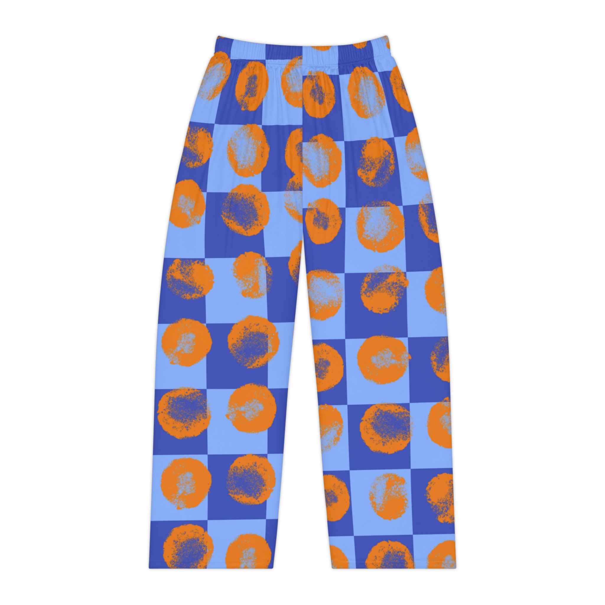 Blue Checkered Women's Pajama Pants with Orange Brushstroke Circles — Cozy Sleepwear