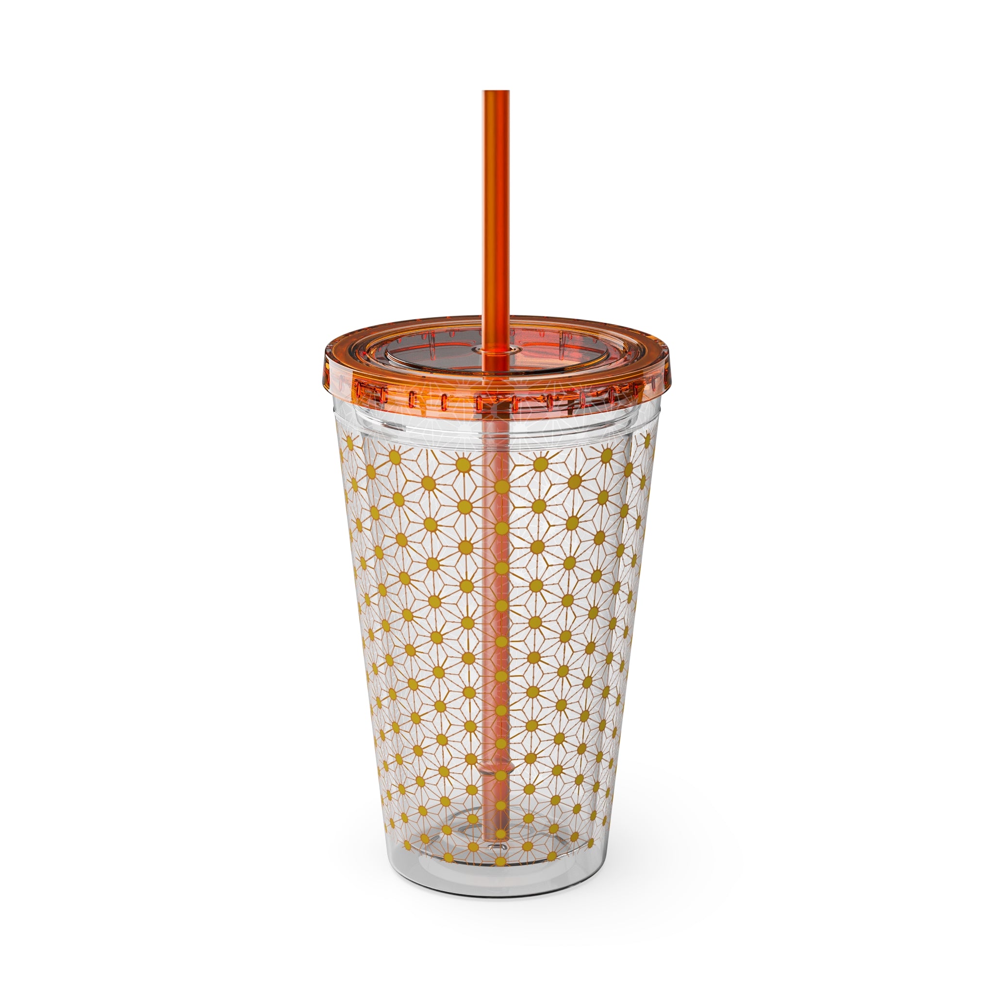 Sunsplash 16oz Tumbler with Straw – Retro Yellow Daisy Pattern, Insulated Cold Cup