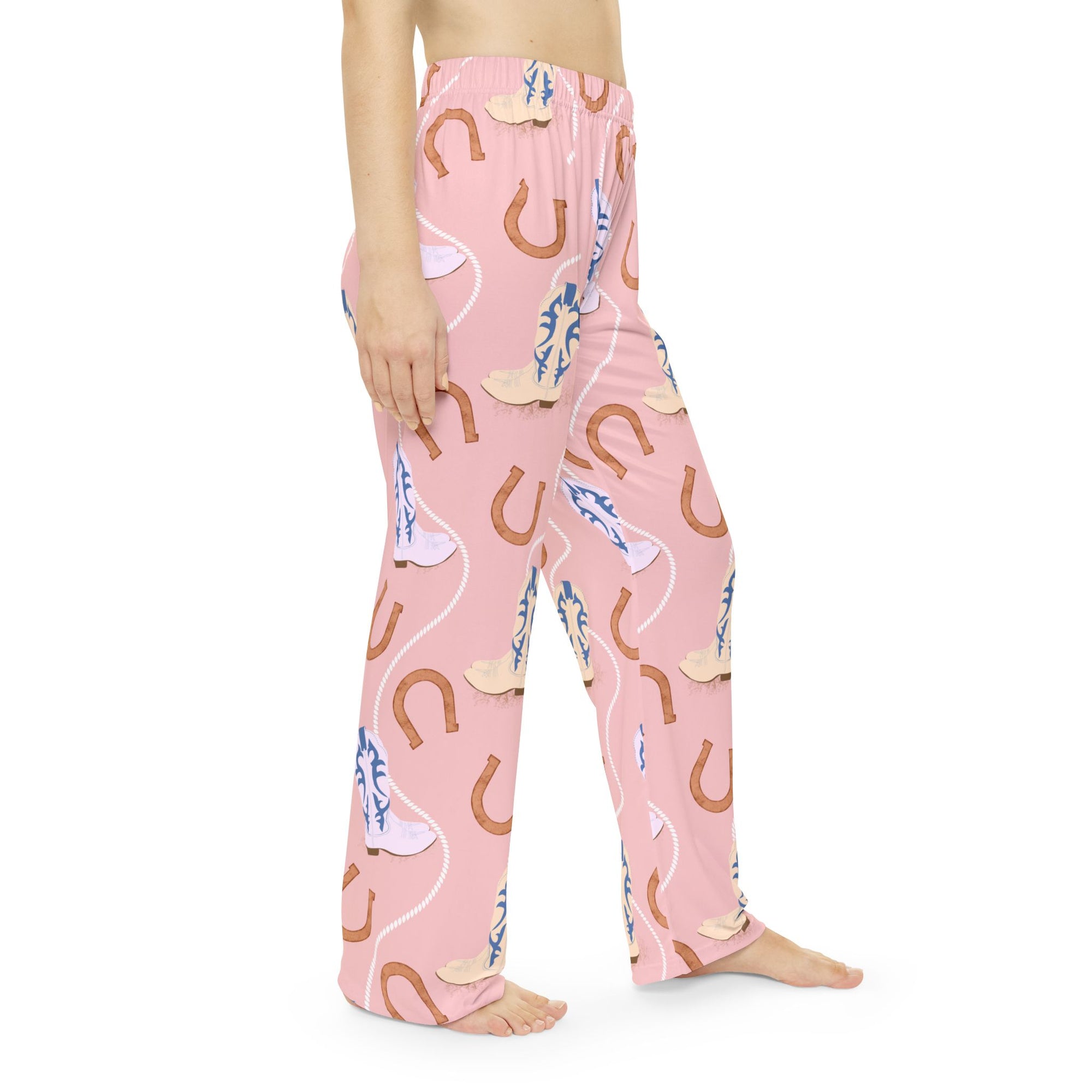 Cowgirl Boots & Horseshoe Women's Pajama Pants — Pink All-Over Print Loungewear