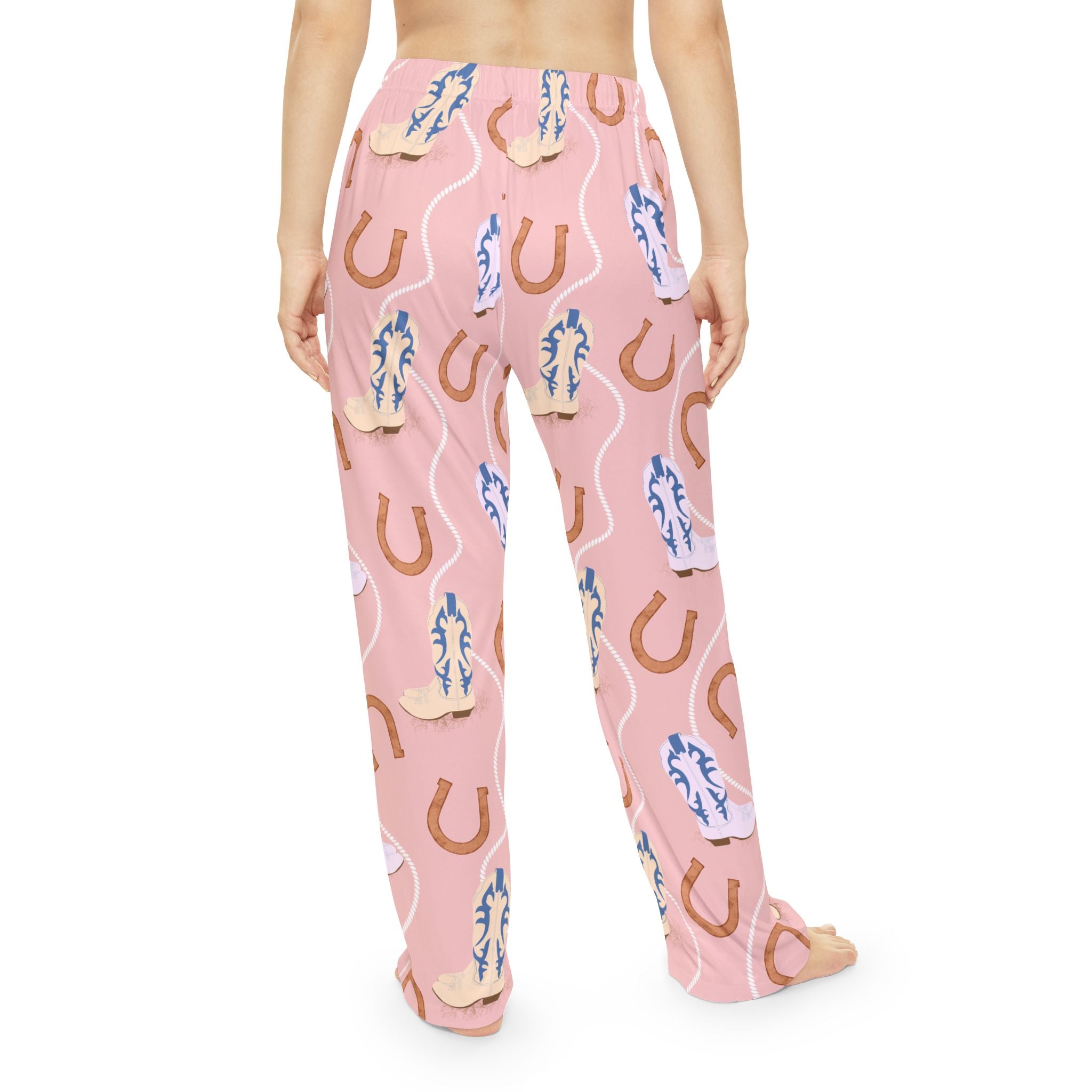Cowgirl Boots & Horseshoe Women's Pajama Pants — Pink All-Over Print Loungewear