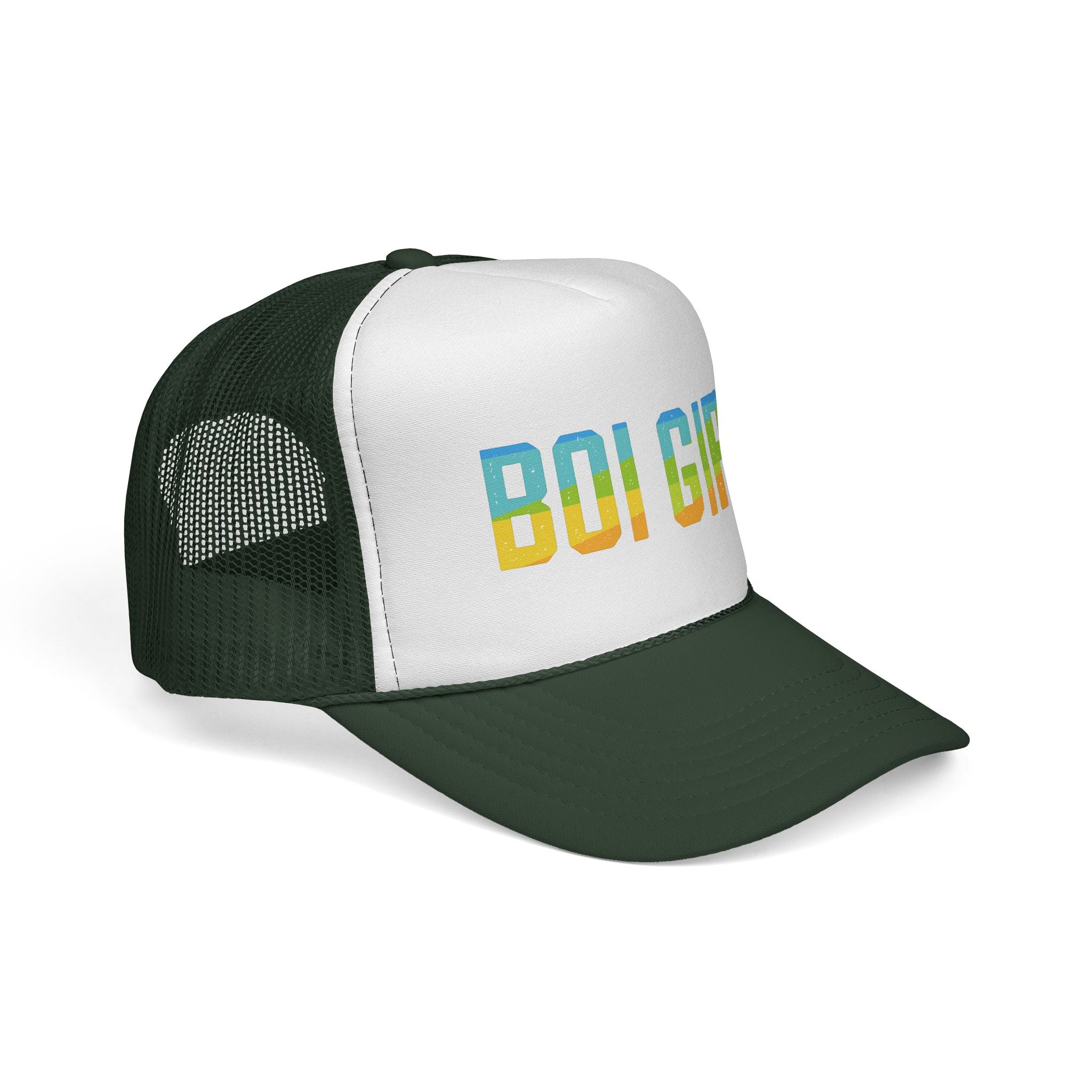 Boi Girl Trucker Cap – Retro Rainbow Text Mesh Hat