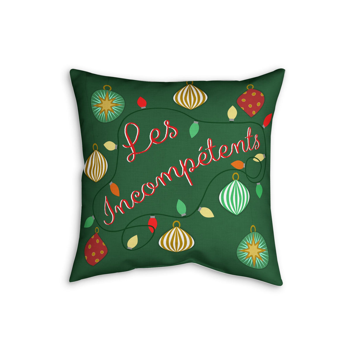 Les Incompétents holiday throw pillow with mid-century ornaments