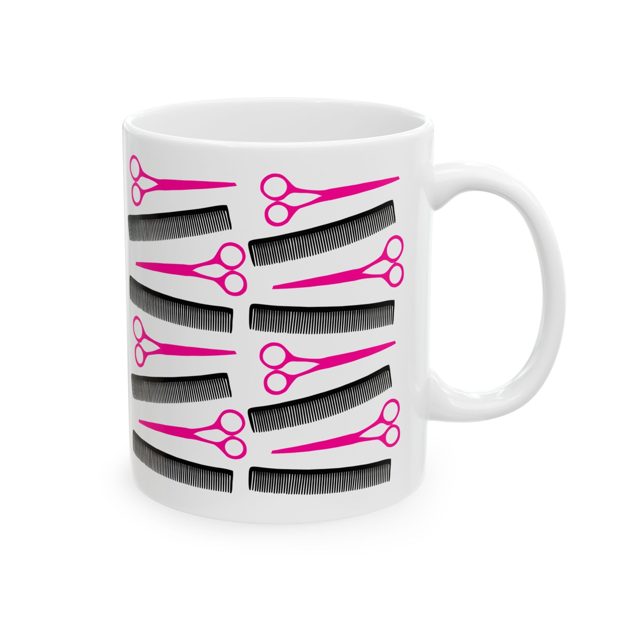 Hair Stylist Coffee Mug — Pink Scissors & Combs Ceramic Mug (11oz/15oz)