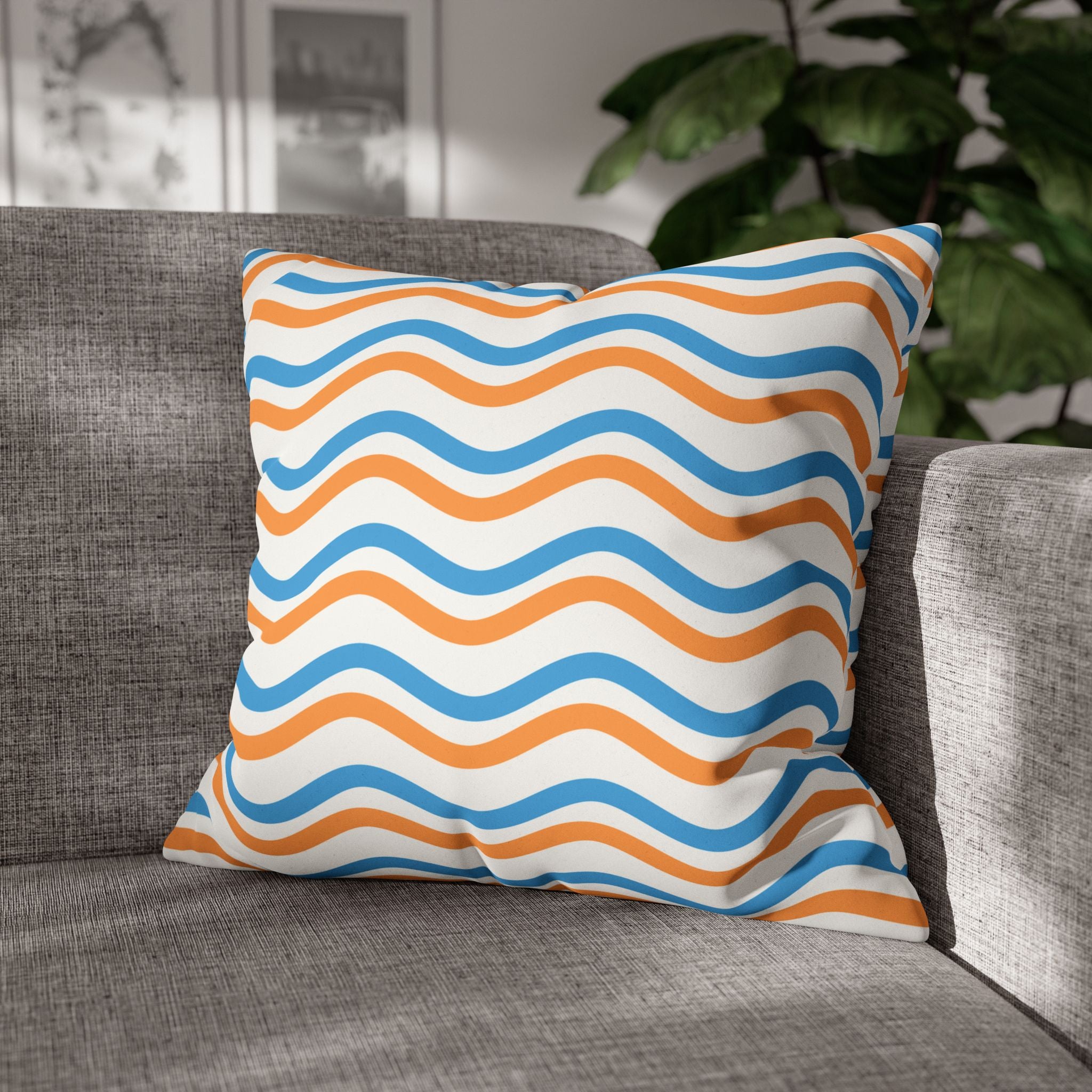 Wavy Orange & Blue Decorative Pillow - Faux Suede Square Pillowcase