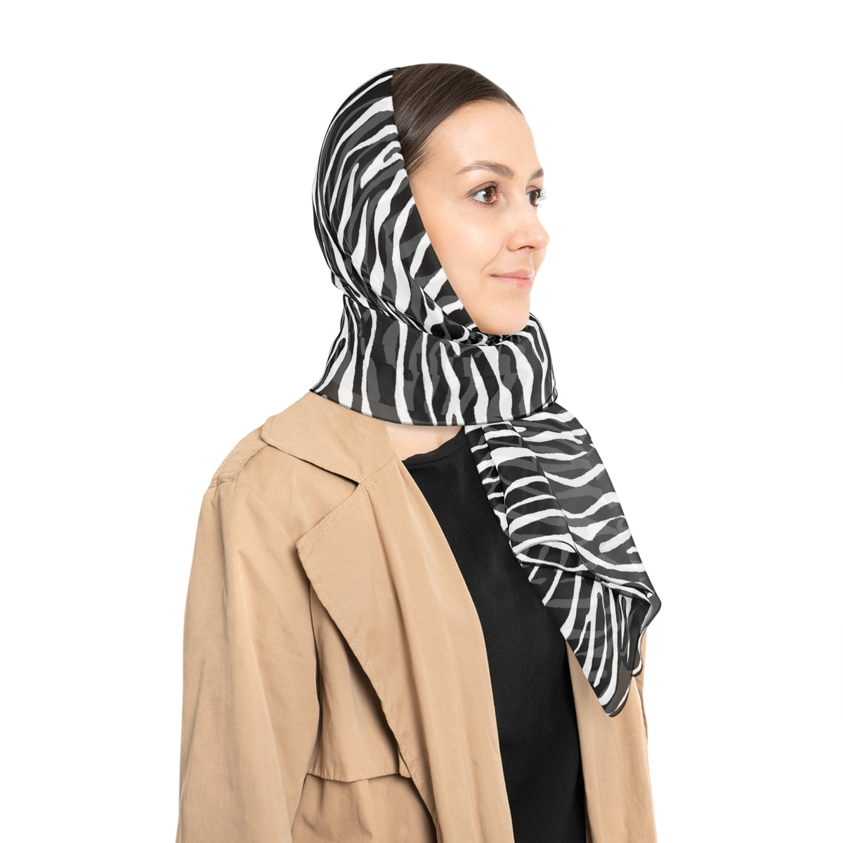 Zebra Print Poly Scarf — Lightweight Black & White Animal Pattern