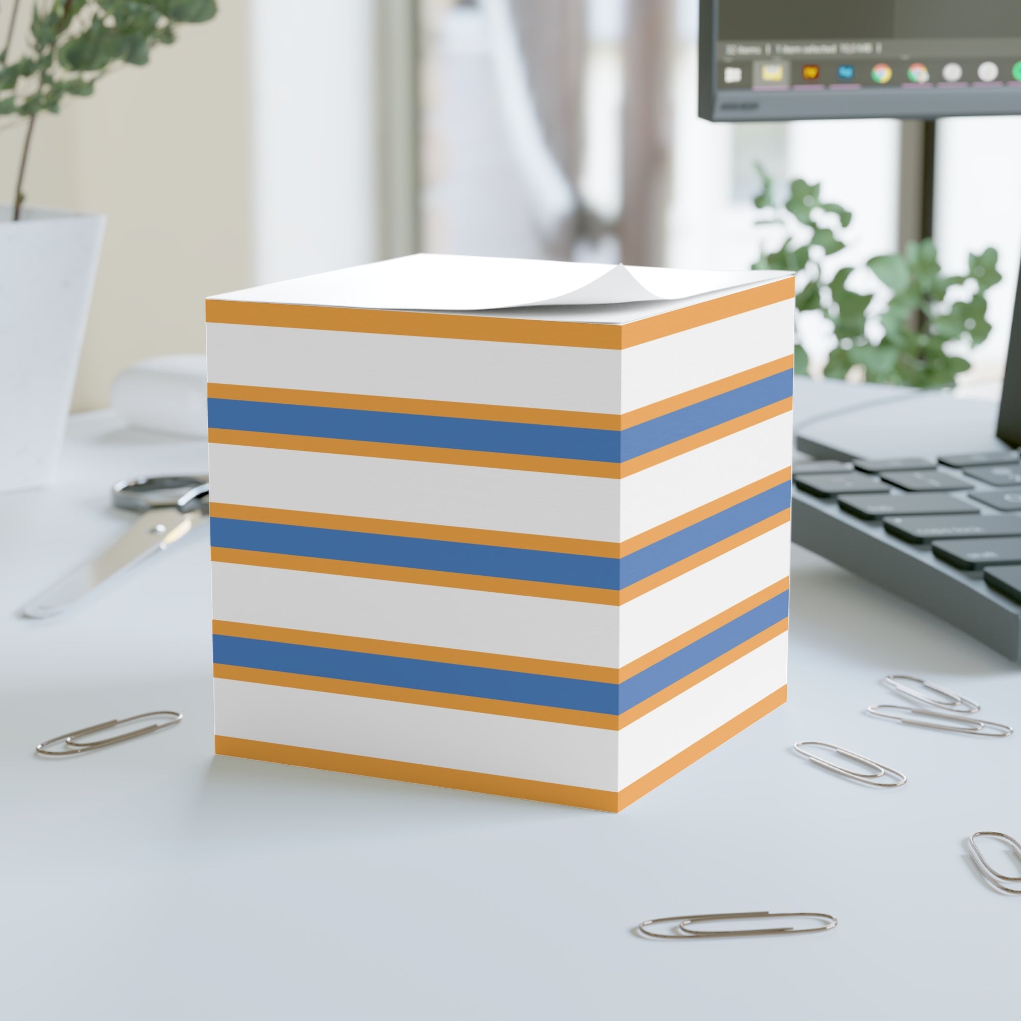 Striped Note Cube — Orange & Blue Desk Memo Pad