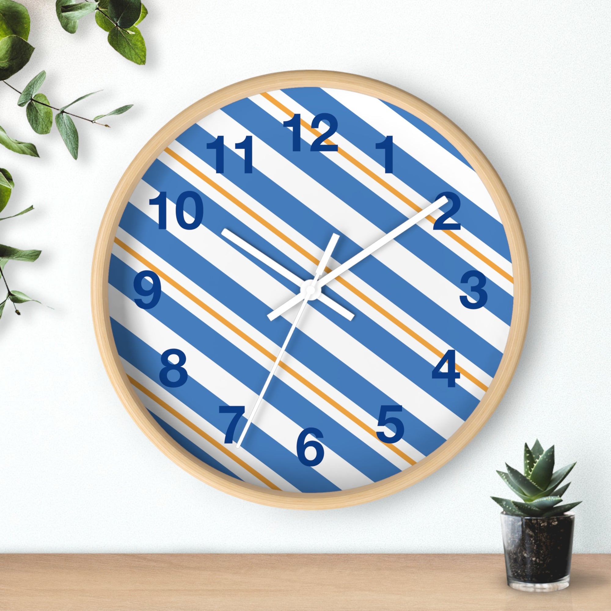 Diagonal Blue & Orange Striped Wall Clock — Modern Nautical Home Decor