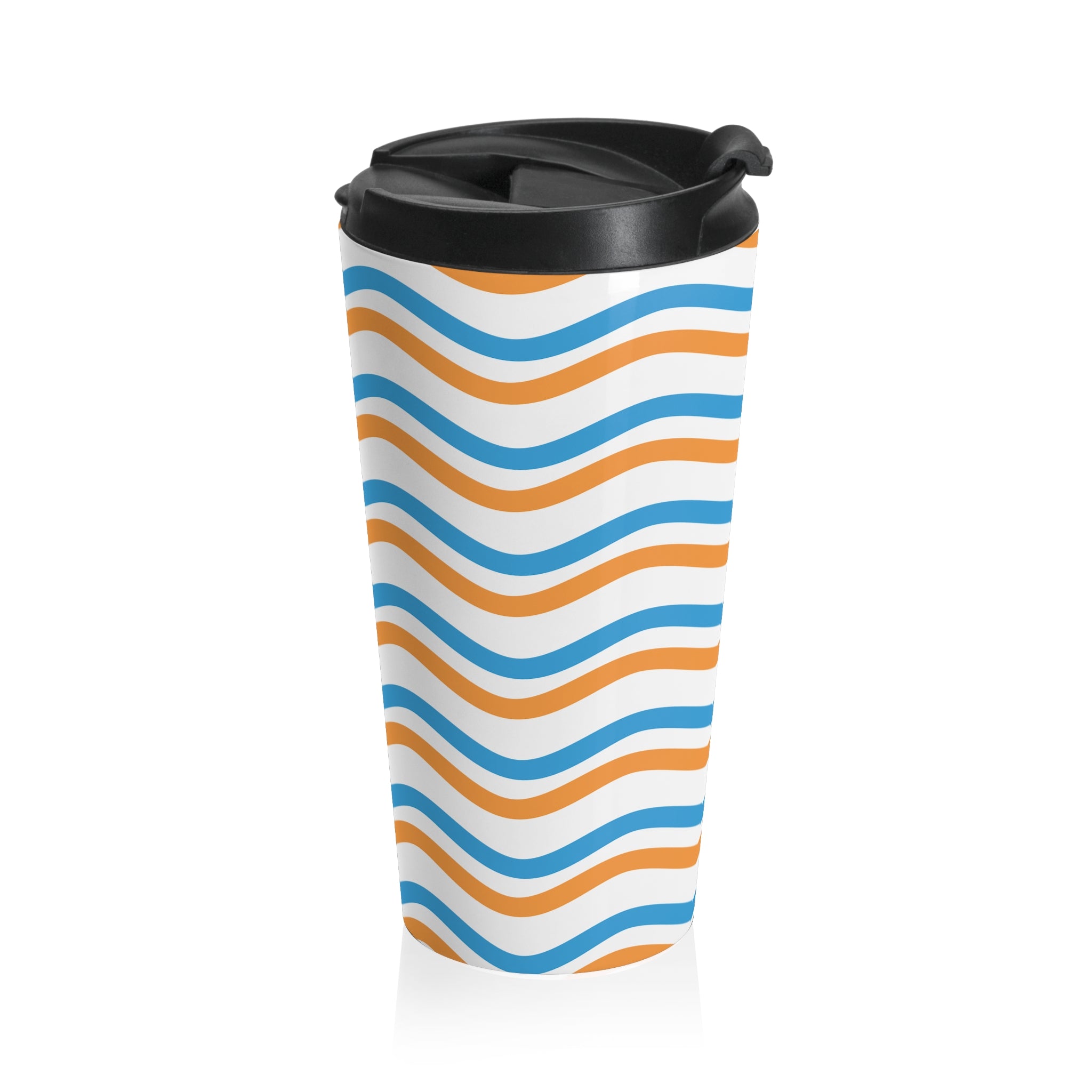 Wavy Stripes Stainless Steel Travel Mug — Blue & Orange Retro Beach Vibe
