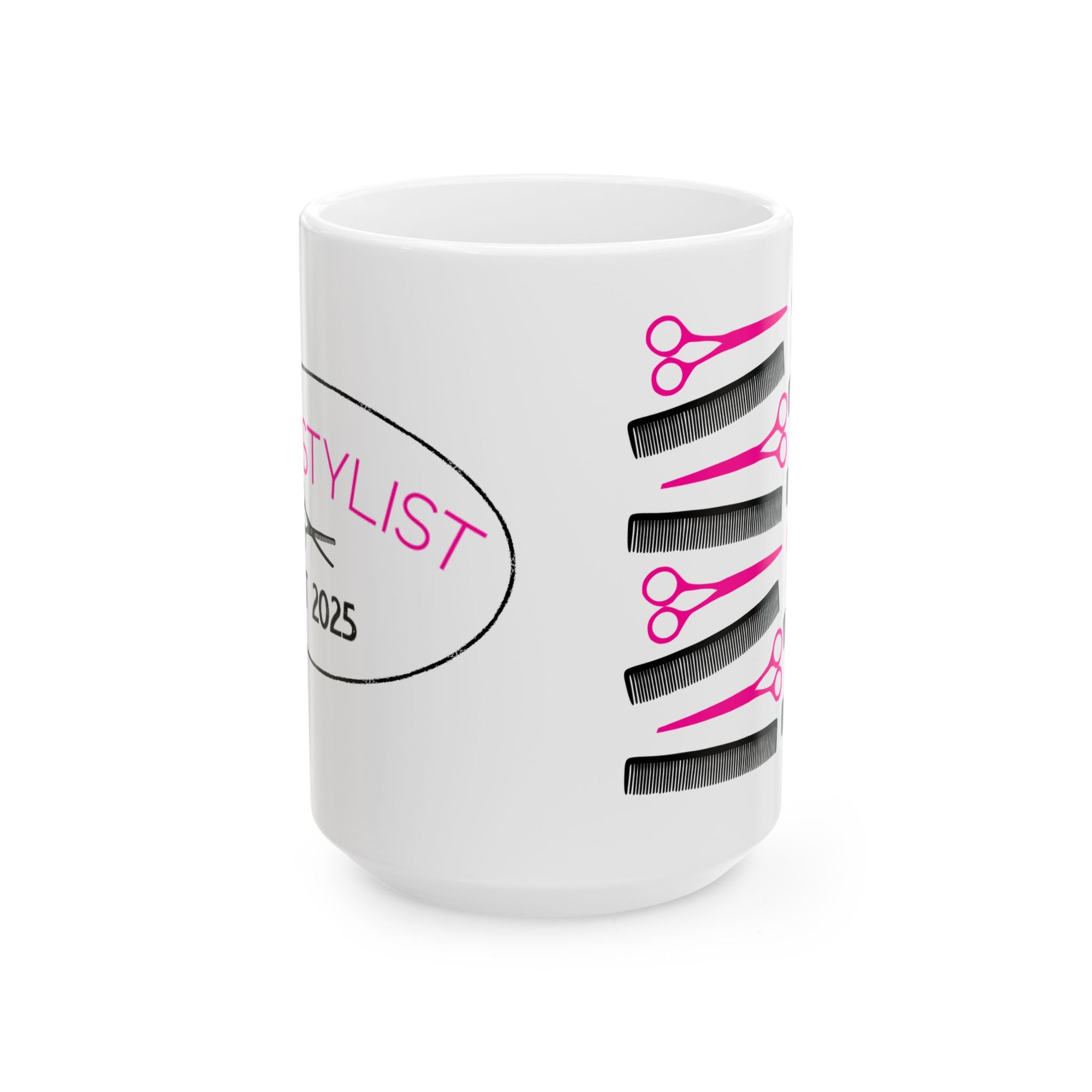 Hair Stylist Coffee Mug — Pink Scissors & Combs Ceramic Mug (11oz/15oz)