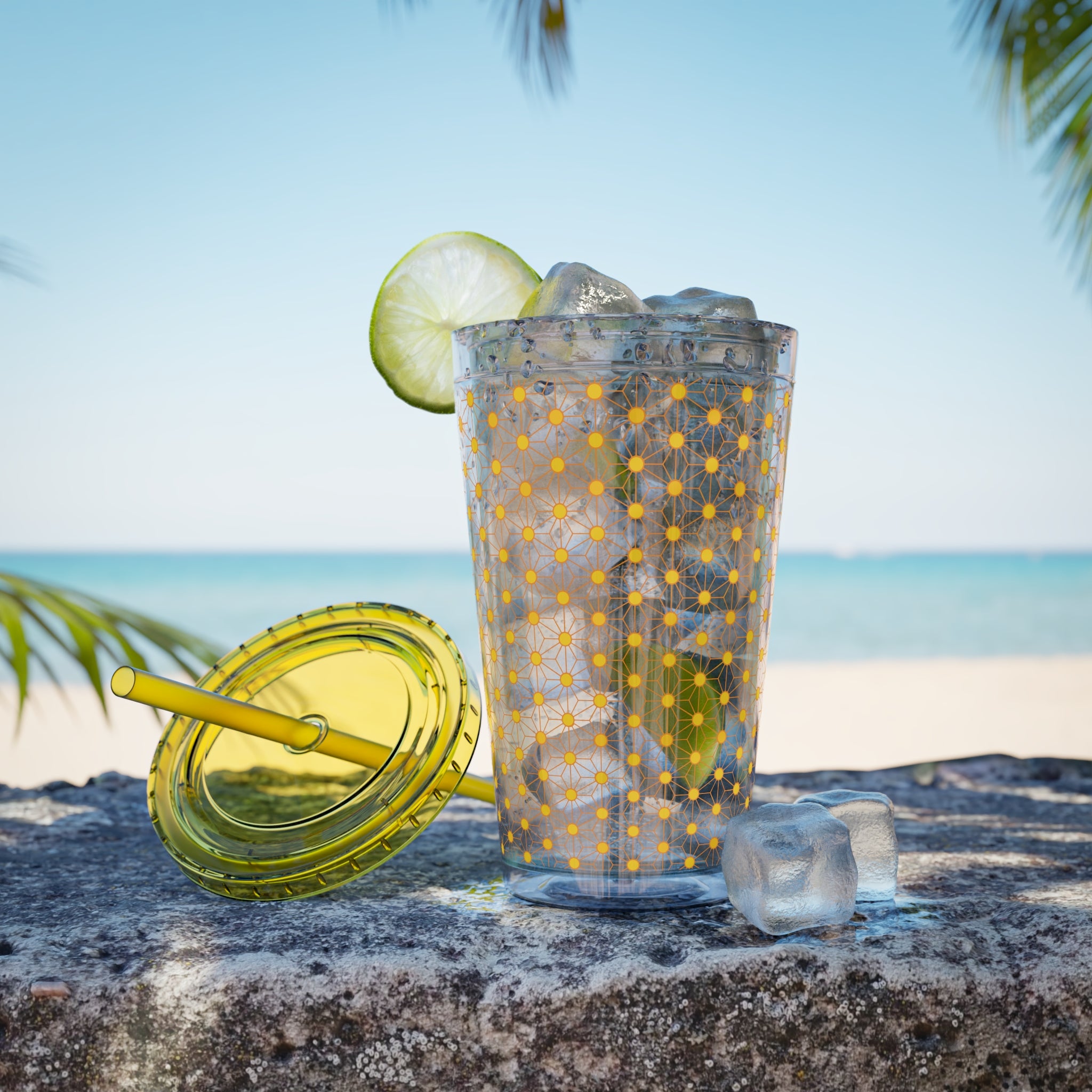 Sunsplash 16oz Tumbler with Straw – Retro Yellow Daisy Pattern, Insulated Cold Cup