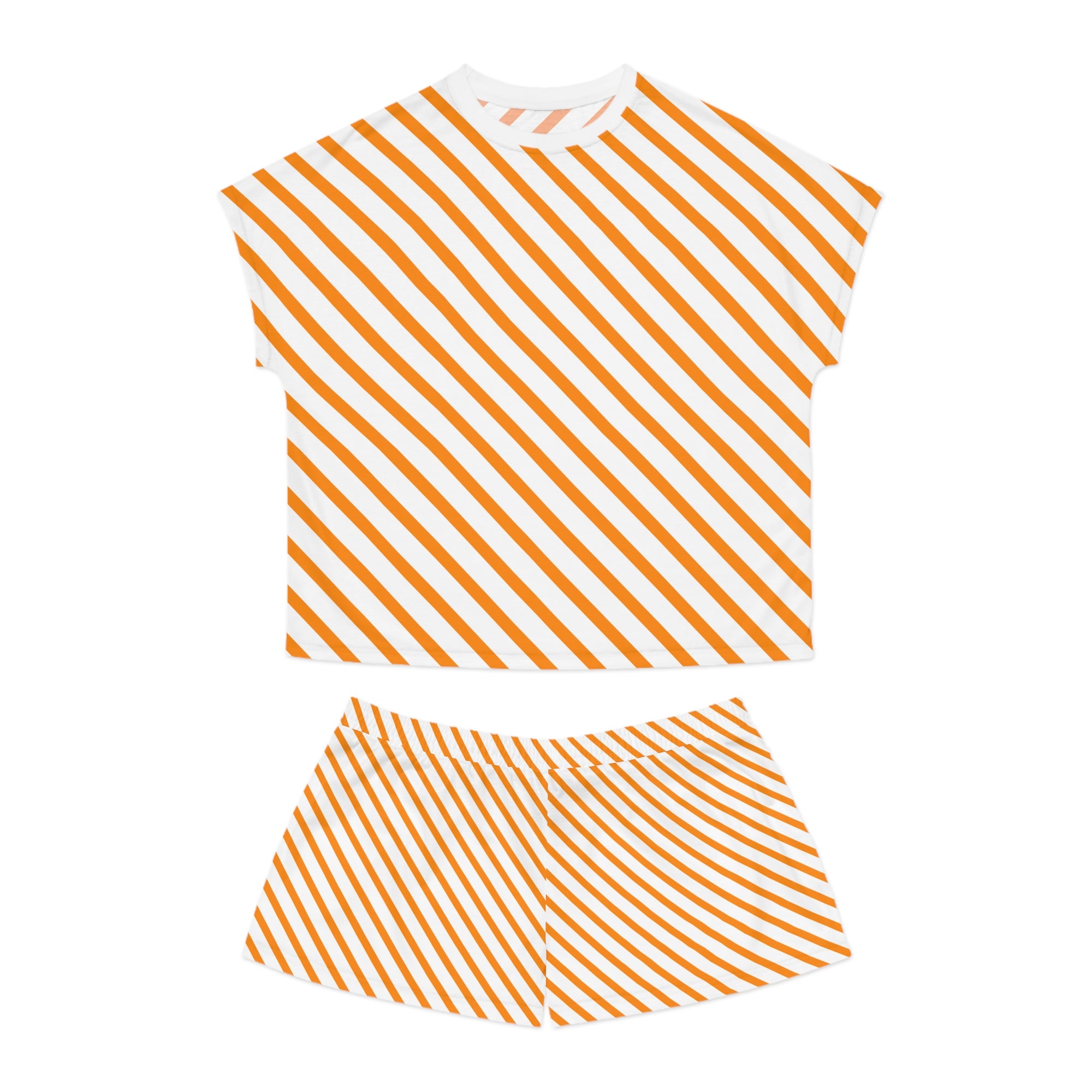 Orange Diagonal Stripe Women's Short Pajama Set — Cozy Summer Lounge Shorts & Tee