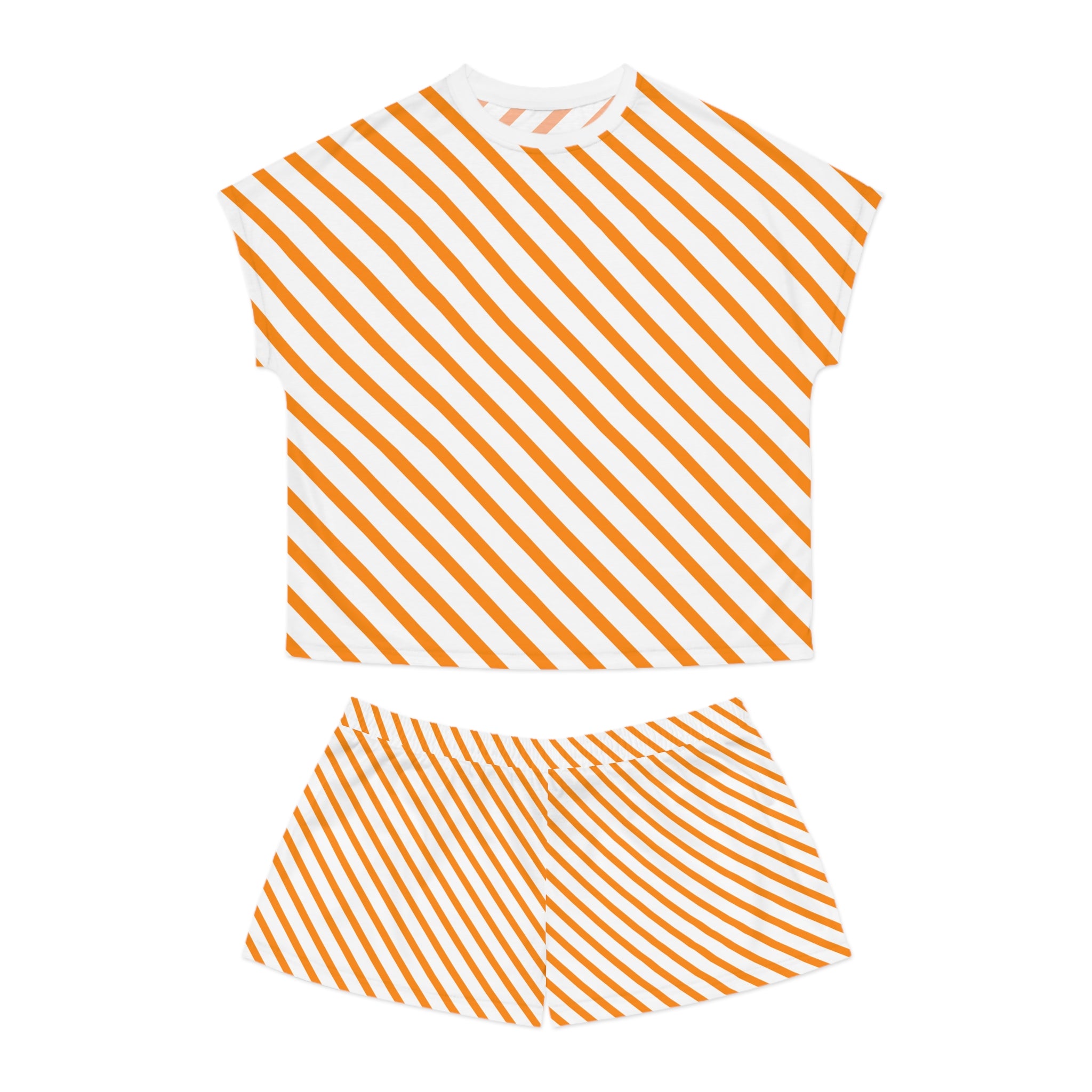 Orange Diagonal Stripe Women's Short Pajama Set — Cozy Summer Lounge Shorts & Tee