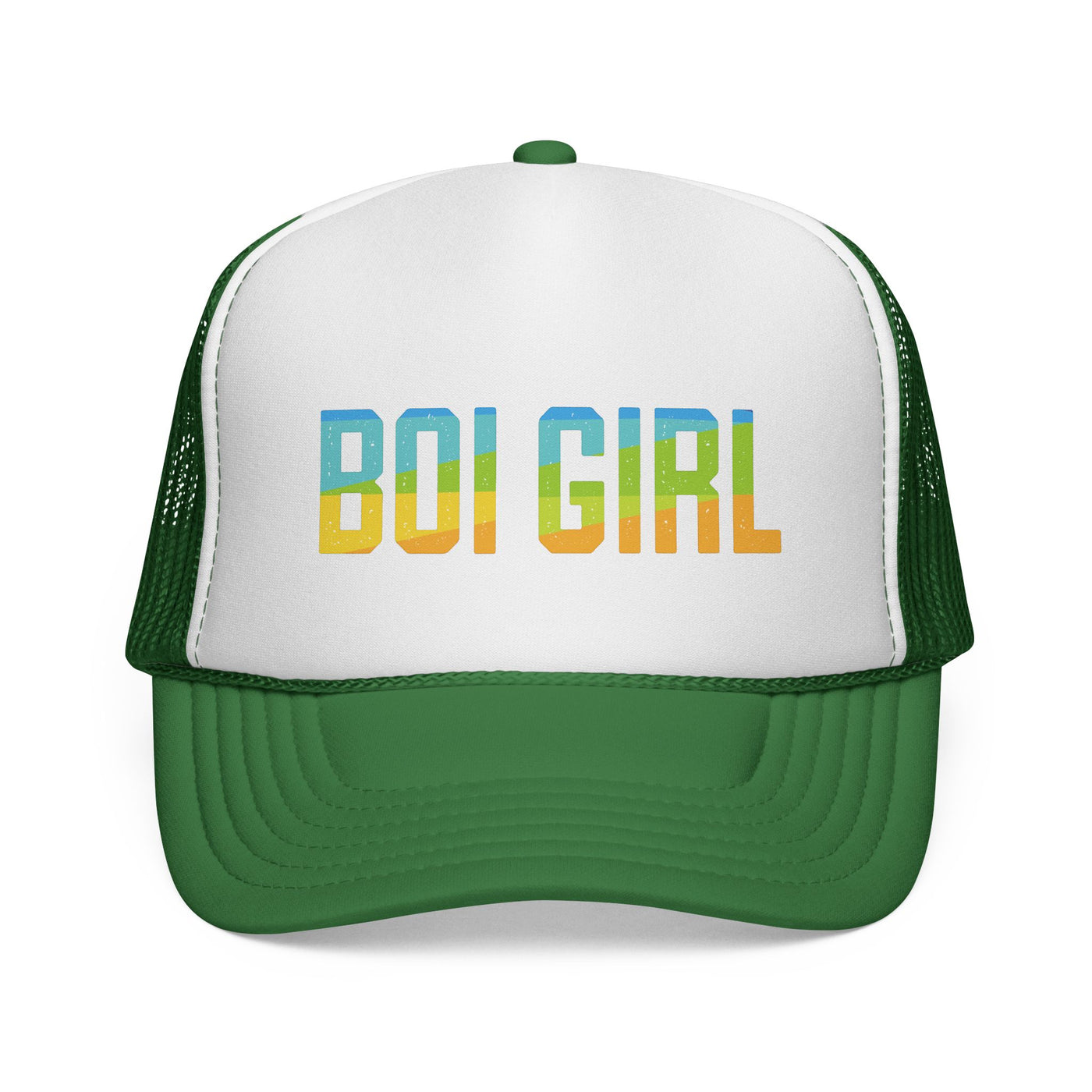 Boi Girl Trucker Cap – Retro Rainbow Text Mesh Hat