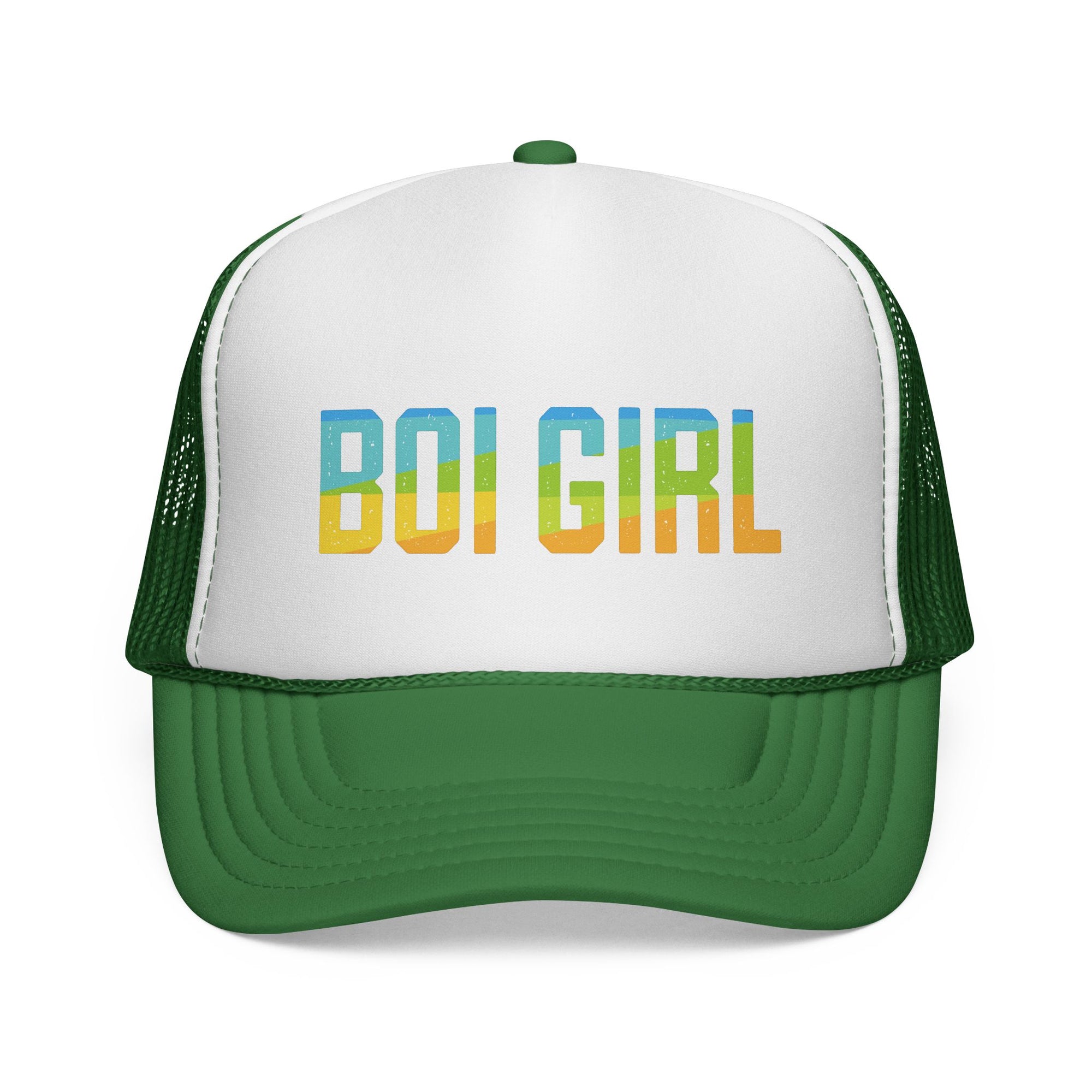 Boi Girl Trucker Cap – Retro Rainbow Text Mesh Hat