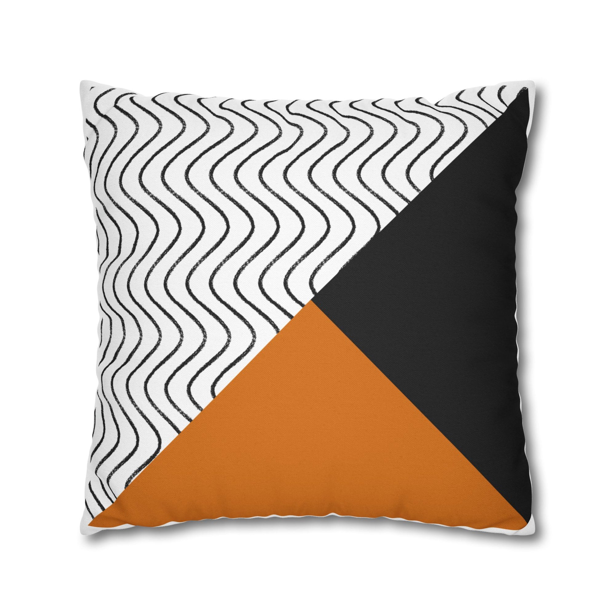 Geometric Wave Accent Pillowcase — Black, White & Orange Modern Square Throw Pillow Cover