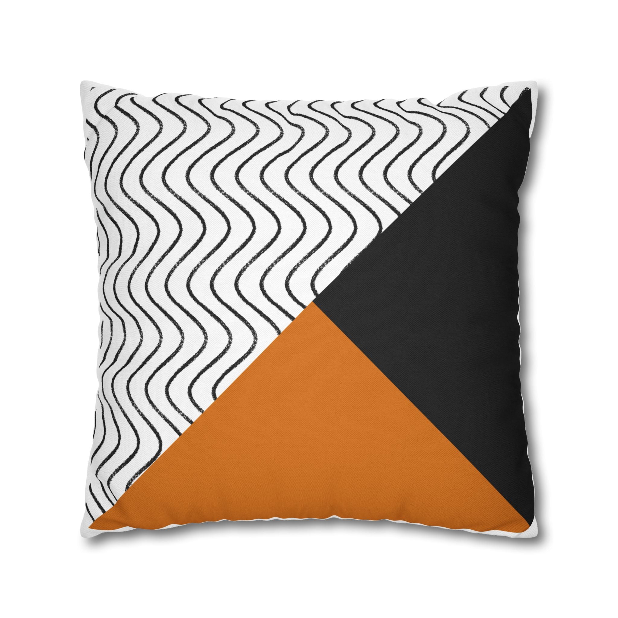 Geometric Wave Accent Pillowcase — Black, White & Orange Modern Square Throw Pillow Cover