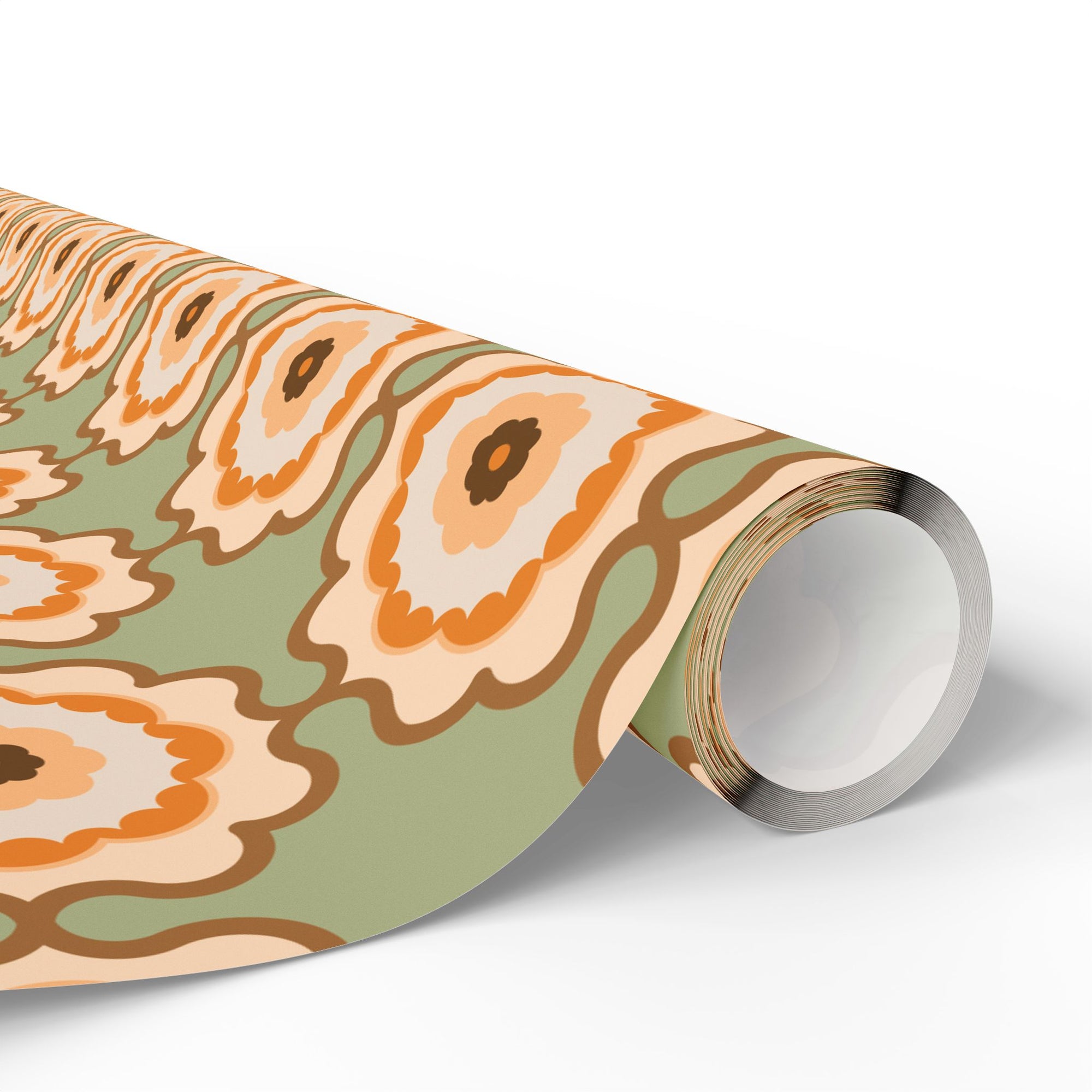 Retro Floral Wrapping Paper Roll — Vintage Orange & Olive Gift Wrap