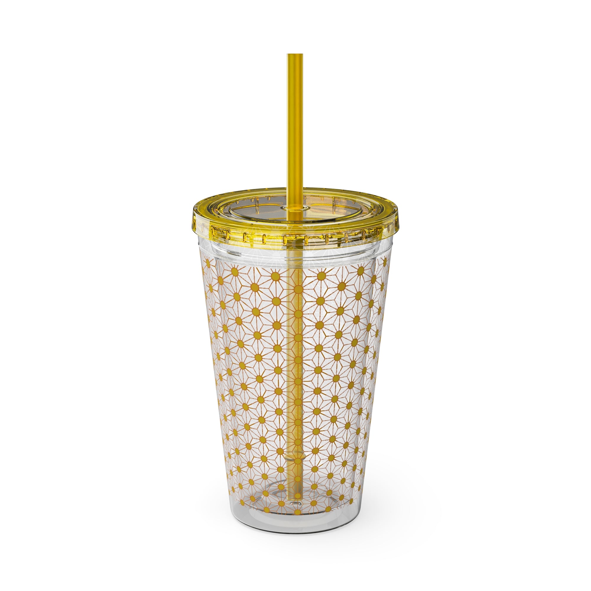 Sunsplash 16oz Tumbler with Straw – Retro Yellow Daisy Pattern, Insulated Cold Cup