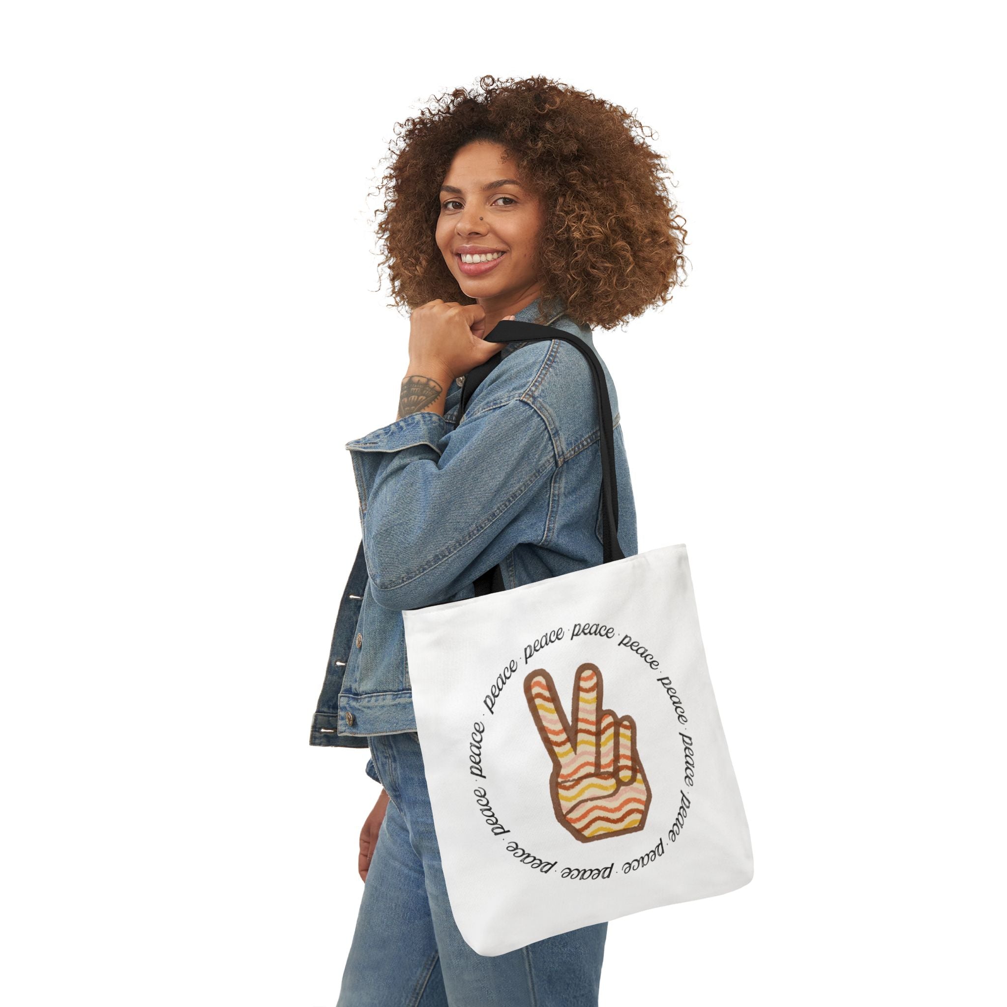 Peace Sign Canvas Tote — Retro Striped Peace Hand Design