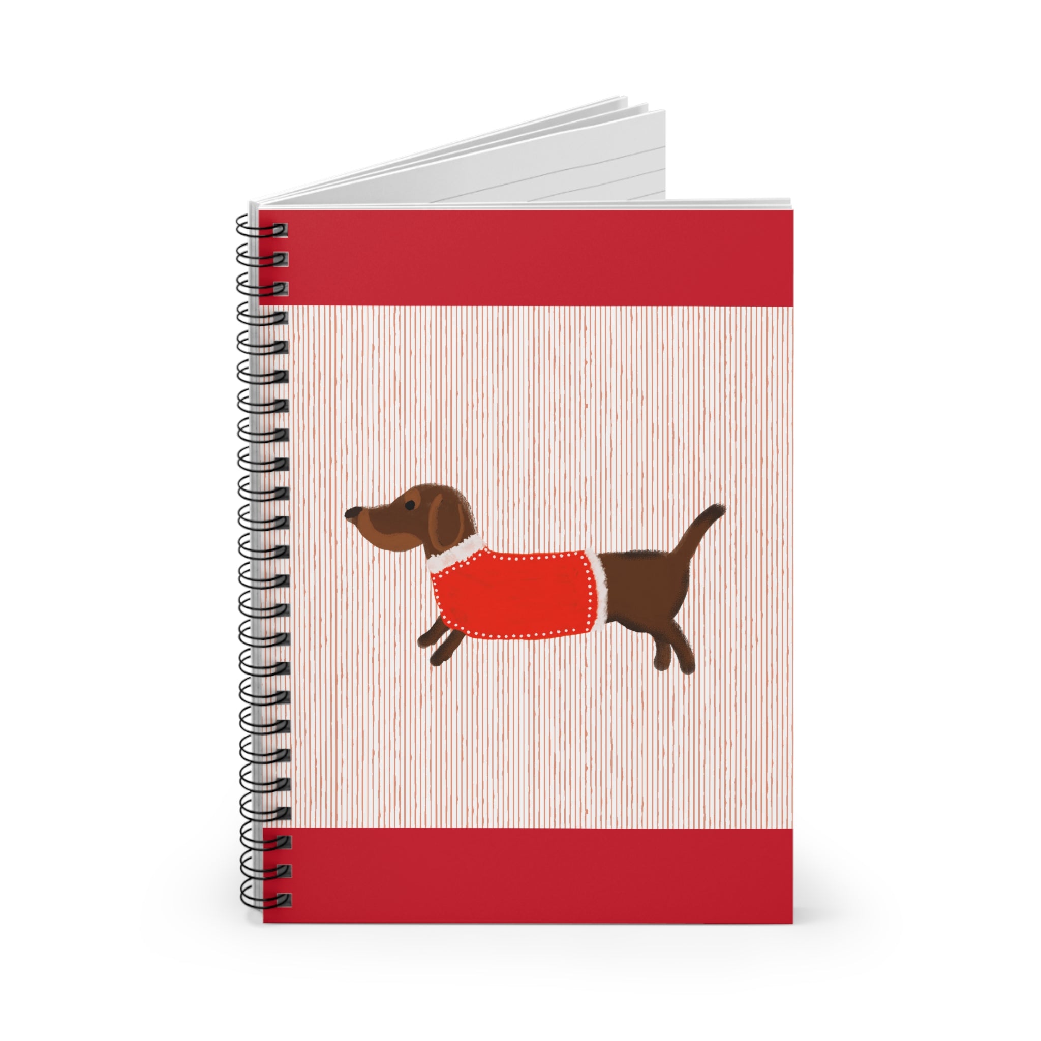 Dachshund Puppy Notebook — Spiral Ruled Journal with Red Sweater Design