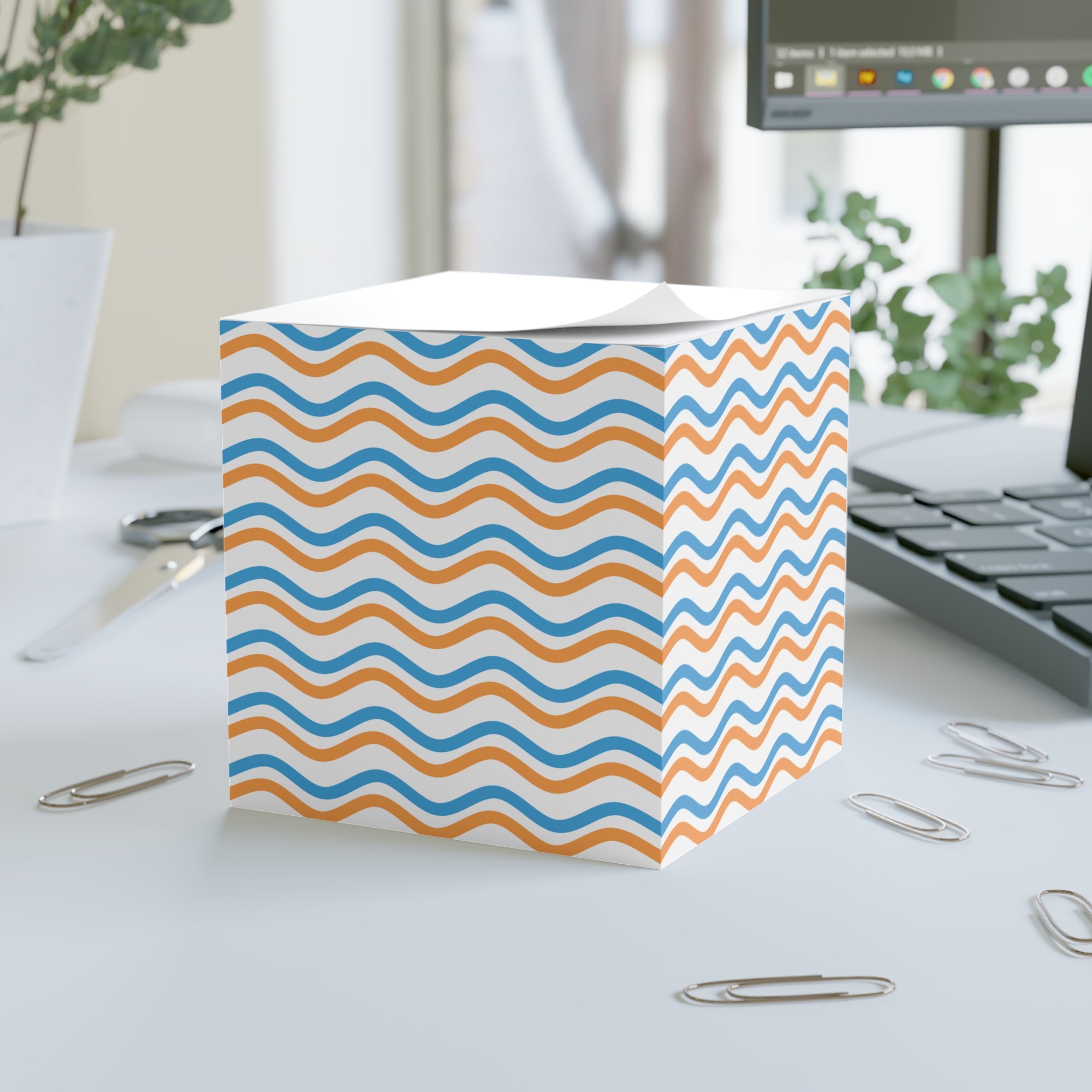 Wavy Stripe Note Cube — Blue & Orange Desk Memo Block