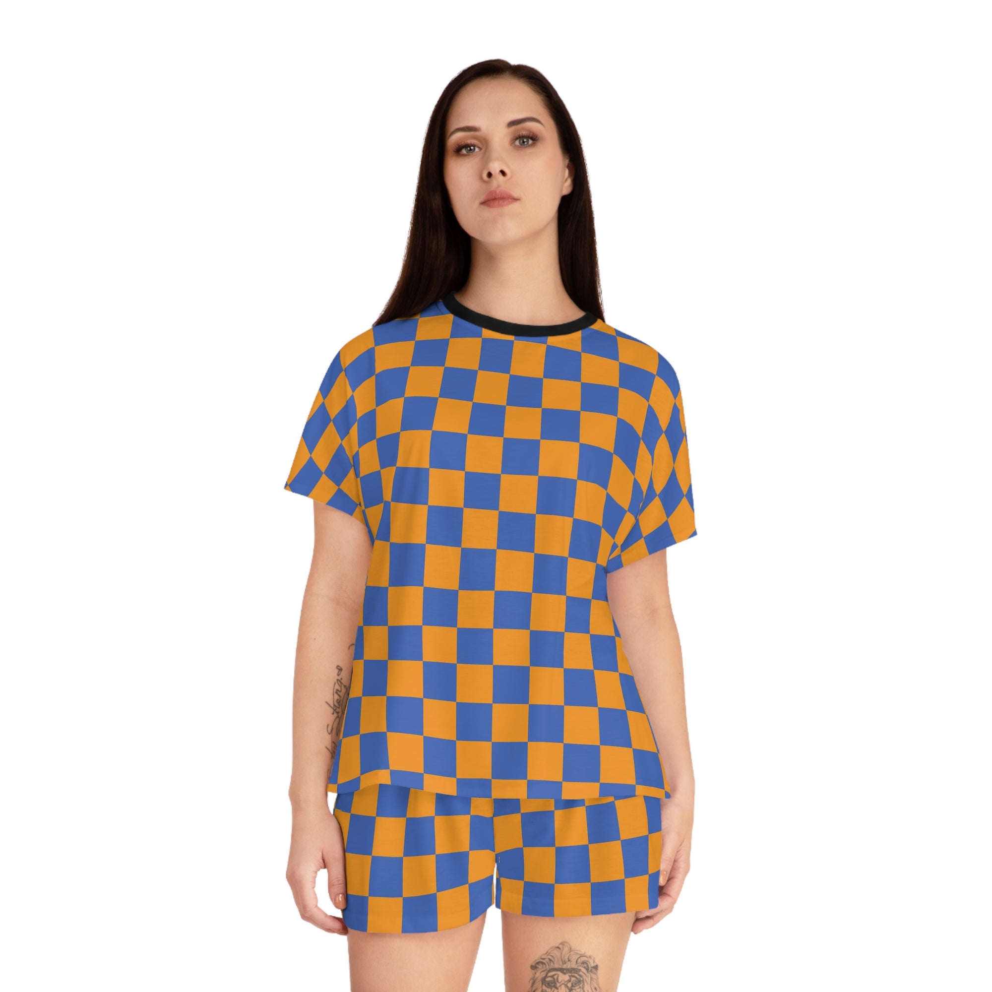 Checkerboard Short Pajama Set — Women's Cozy Blue & Orange Sleepwear