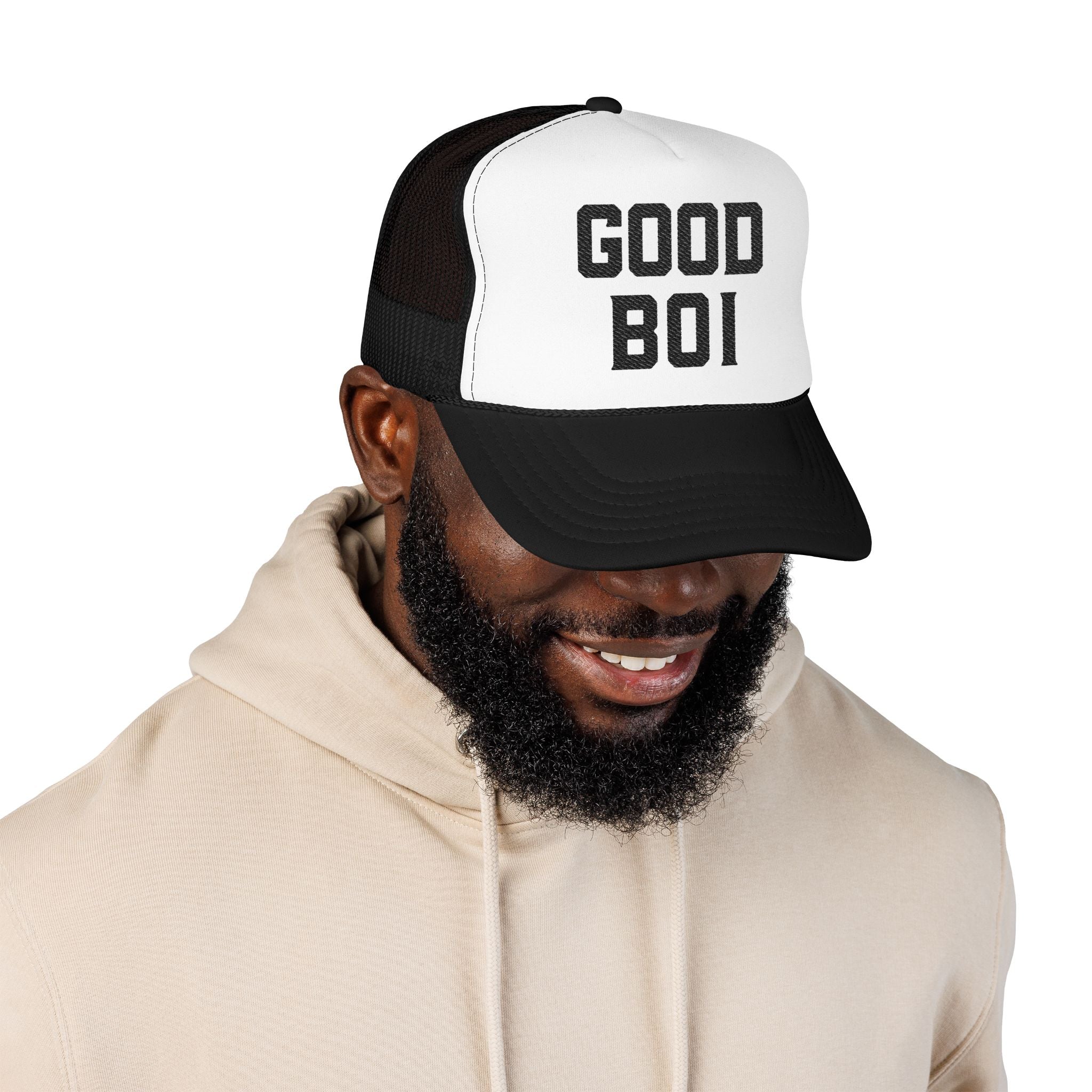 Good Boi Embroidered Trucker Hat — Classic Foam Mesh Cap