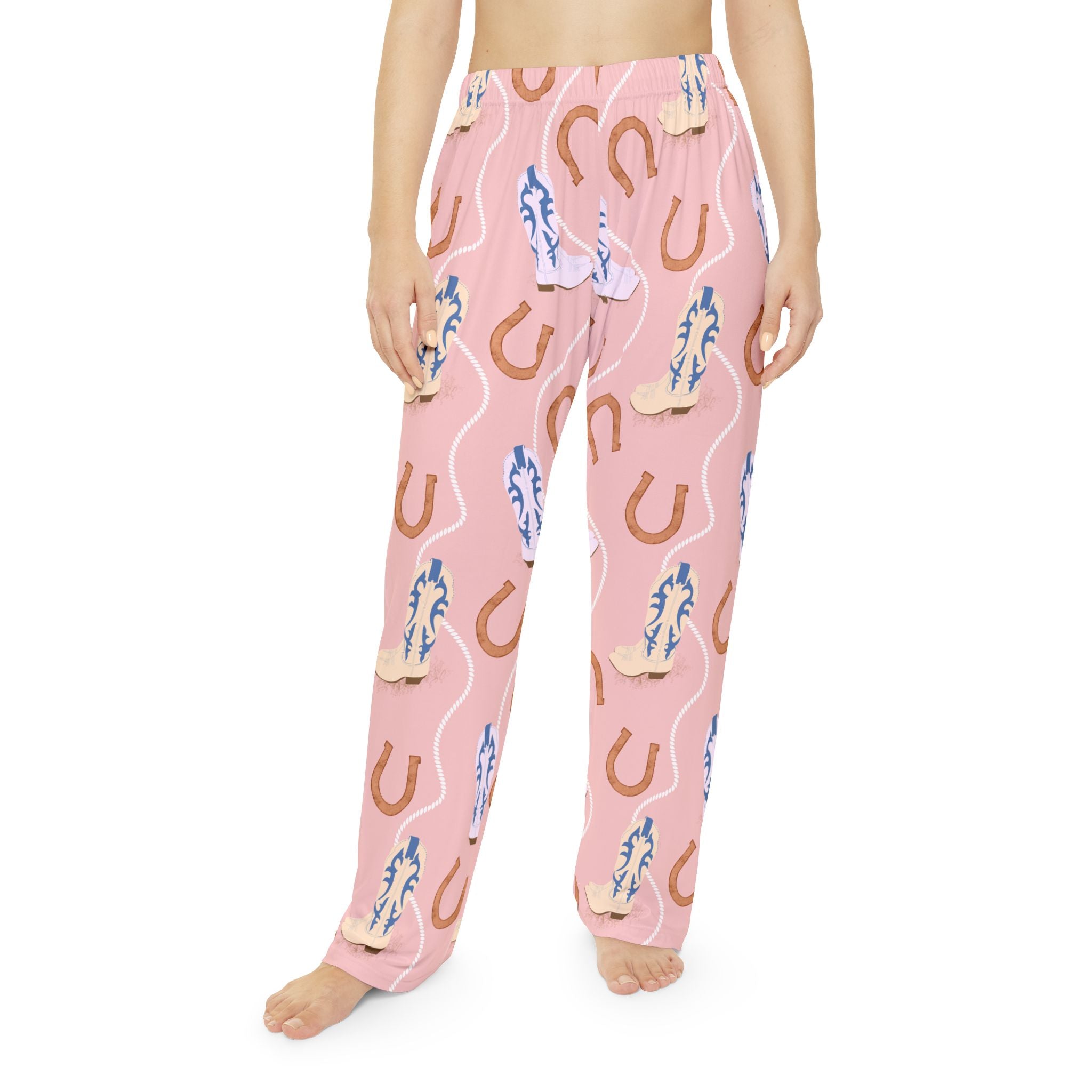 Cowgirl Boots & Horseshoe Women's Pajama Pants — Pink All-Over Print Loungewear