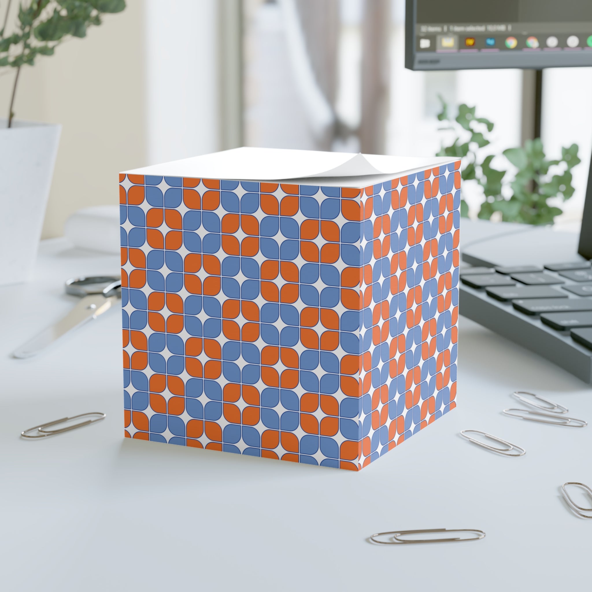 Geometric Retro Note Cube — Orange & Blue Patterned Sticky Notes