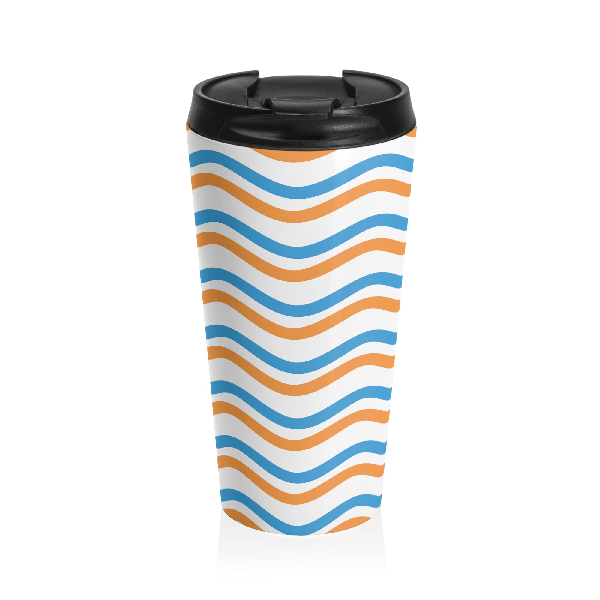 Wavy Stripes Stainless Steel Travel Mug — Blue & Orange Retro Beach Vibe
