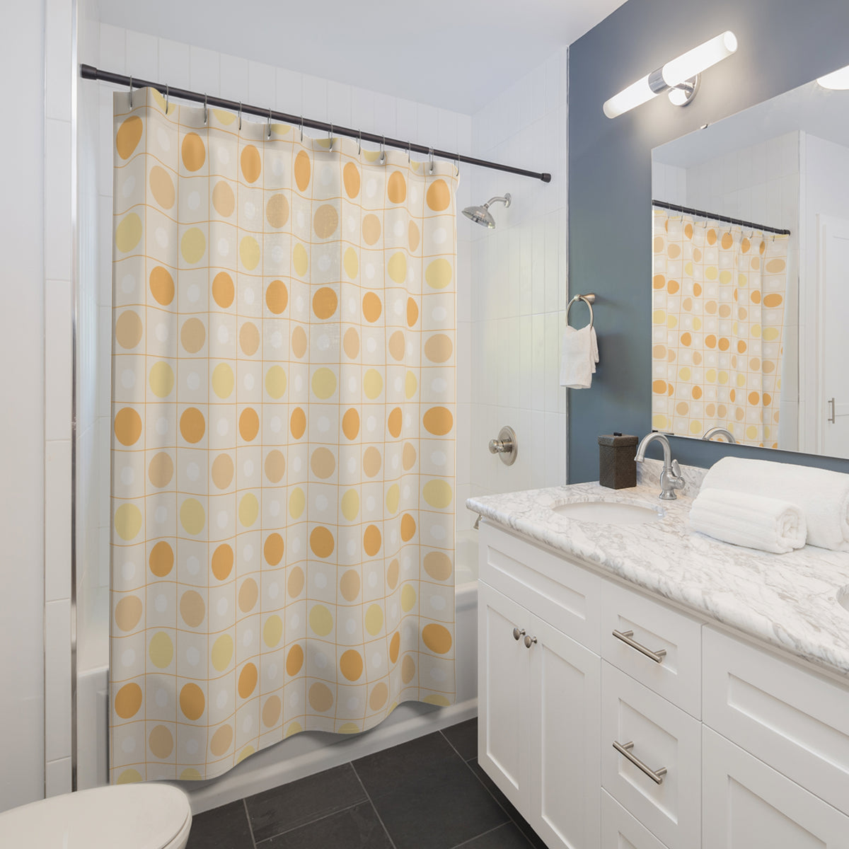 Retro Orange Dot Shower Curtain — Mid-Century Geometric Bathroom Decor