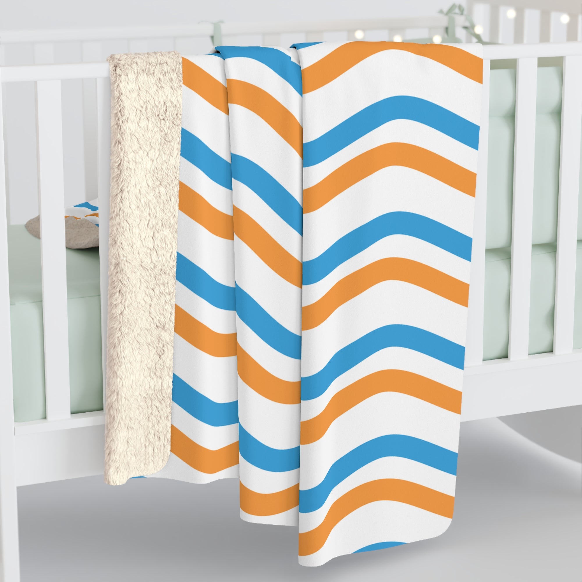 Bronco Cozy Wave Sherpa Fleece Blanket — Blue & Orange Wavy Stripe Throw