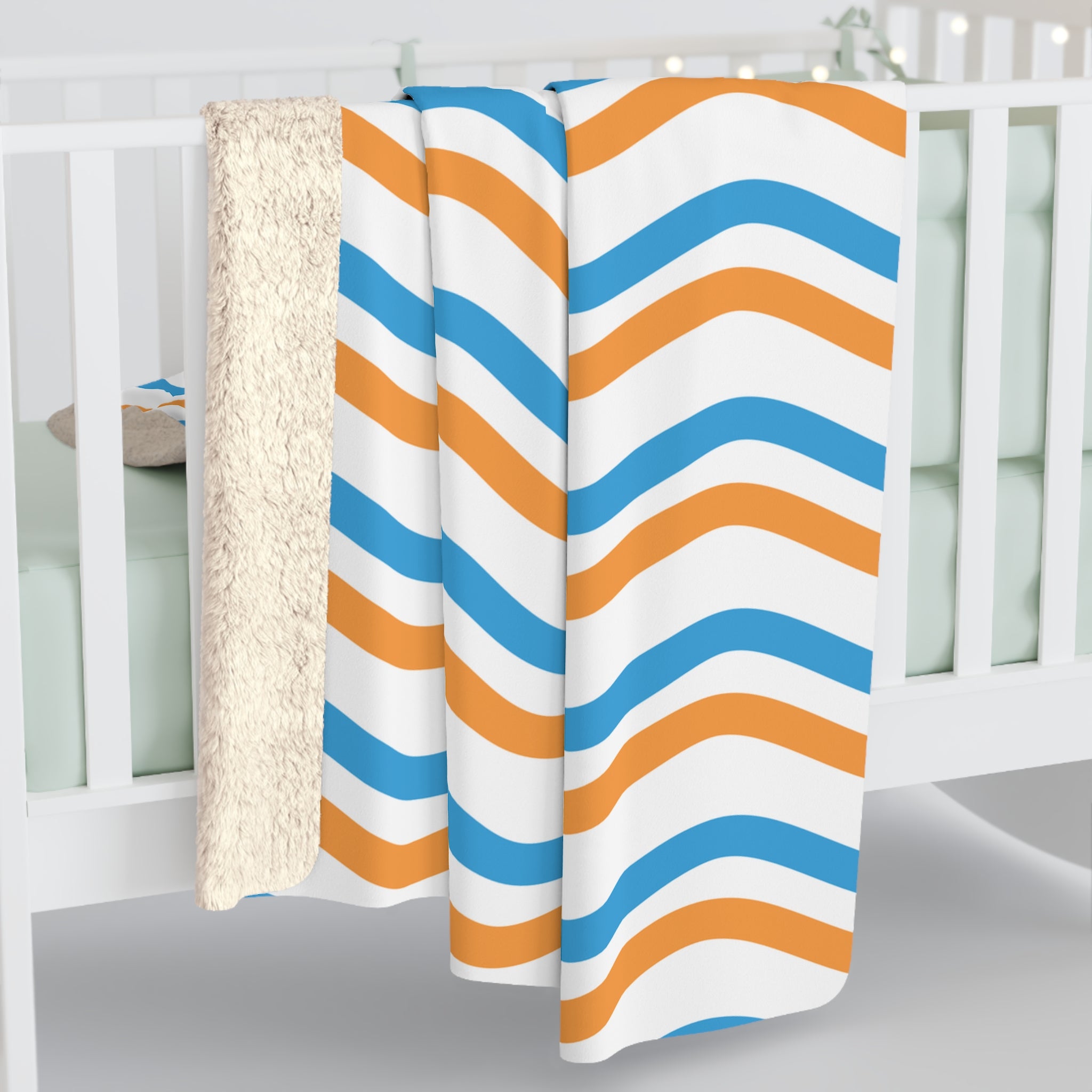 Bronco Cozy Wave Sherpa Fleece Blanket — Blue & Orange Wavy Stripe Throw