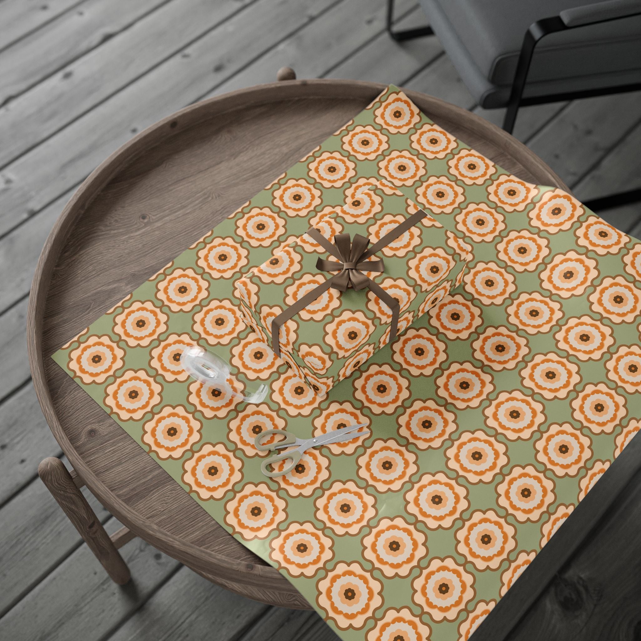 Retro Floral Wrapping Paper Roll — Vintage Orange & Olive Gift Wrap