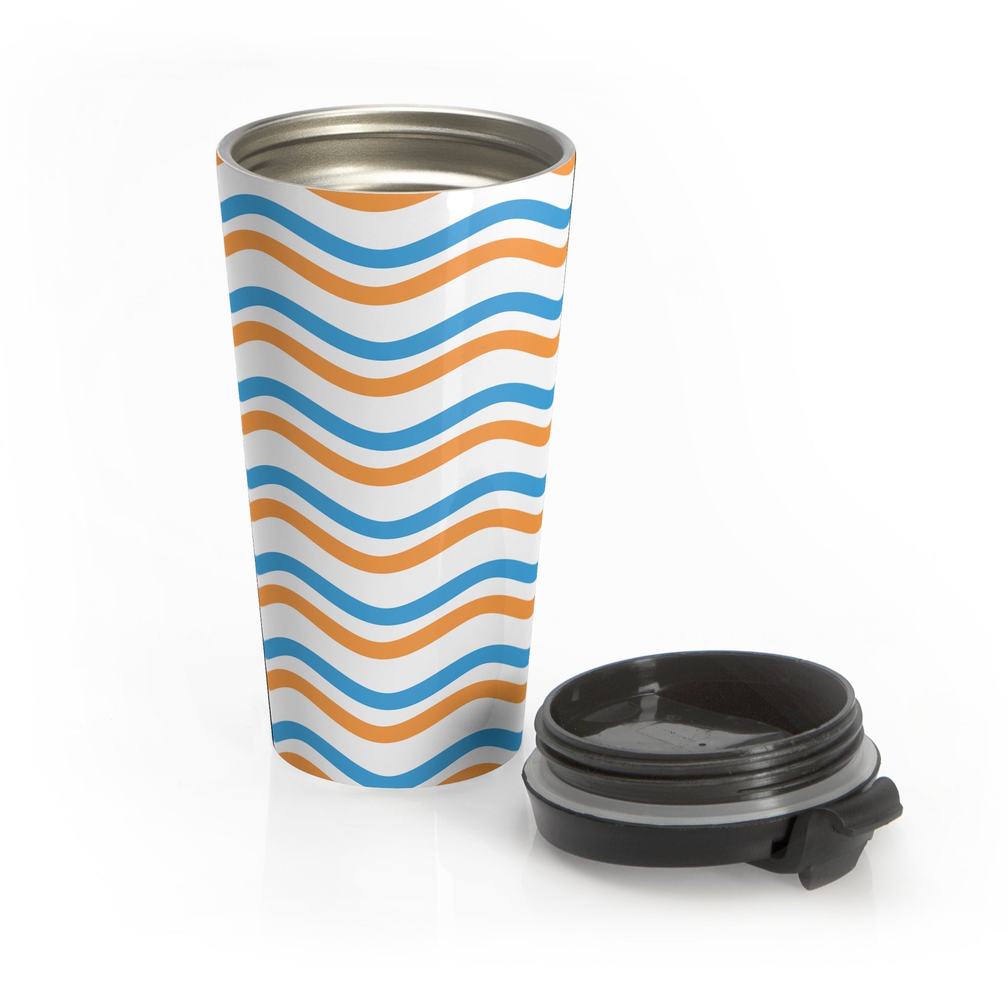 Wavy Stripes Stainless Steel Travel Mug — Blue & Orange Retro Beach Vibe