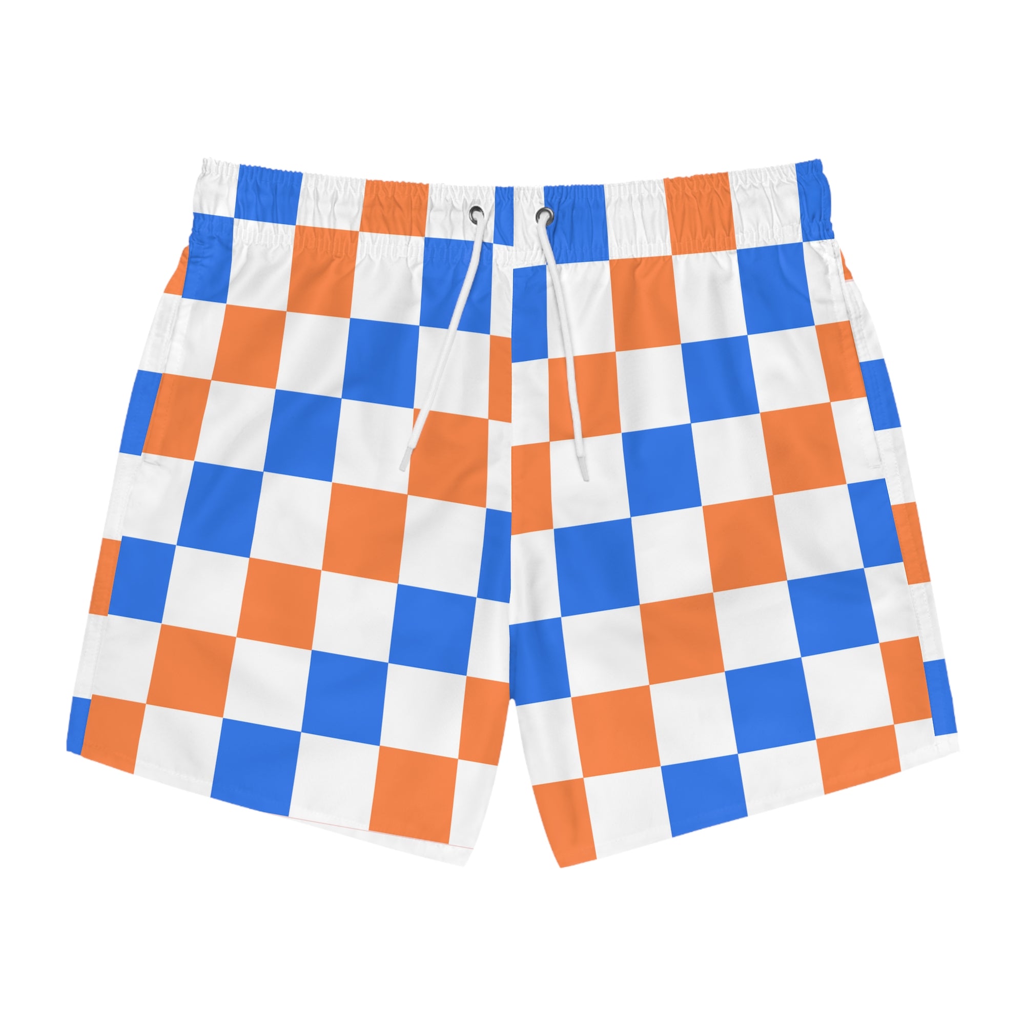 Blue and Orange Checkerboard Swim Trunks — Orange & Blue Patterned Swim Shorts