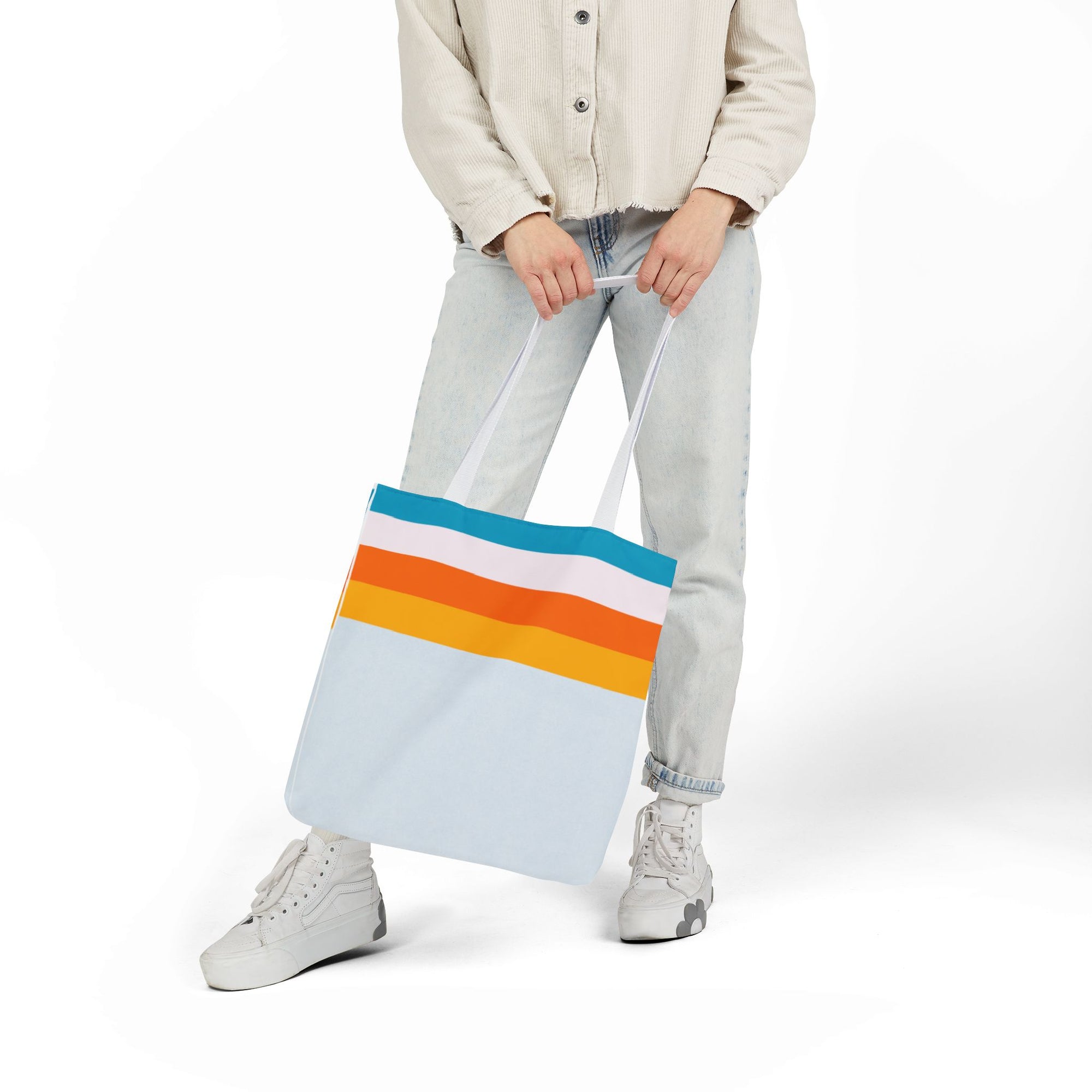 Retro Stripe Canvas Tote Bag — Blue, White, Orange Accent Straps