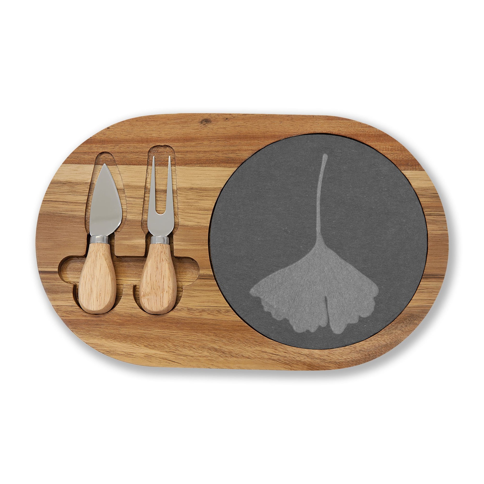 Engraved Ginkgo Charcuterie Board with Slate Inlay & Cheese Knives