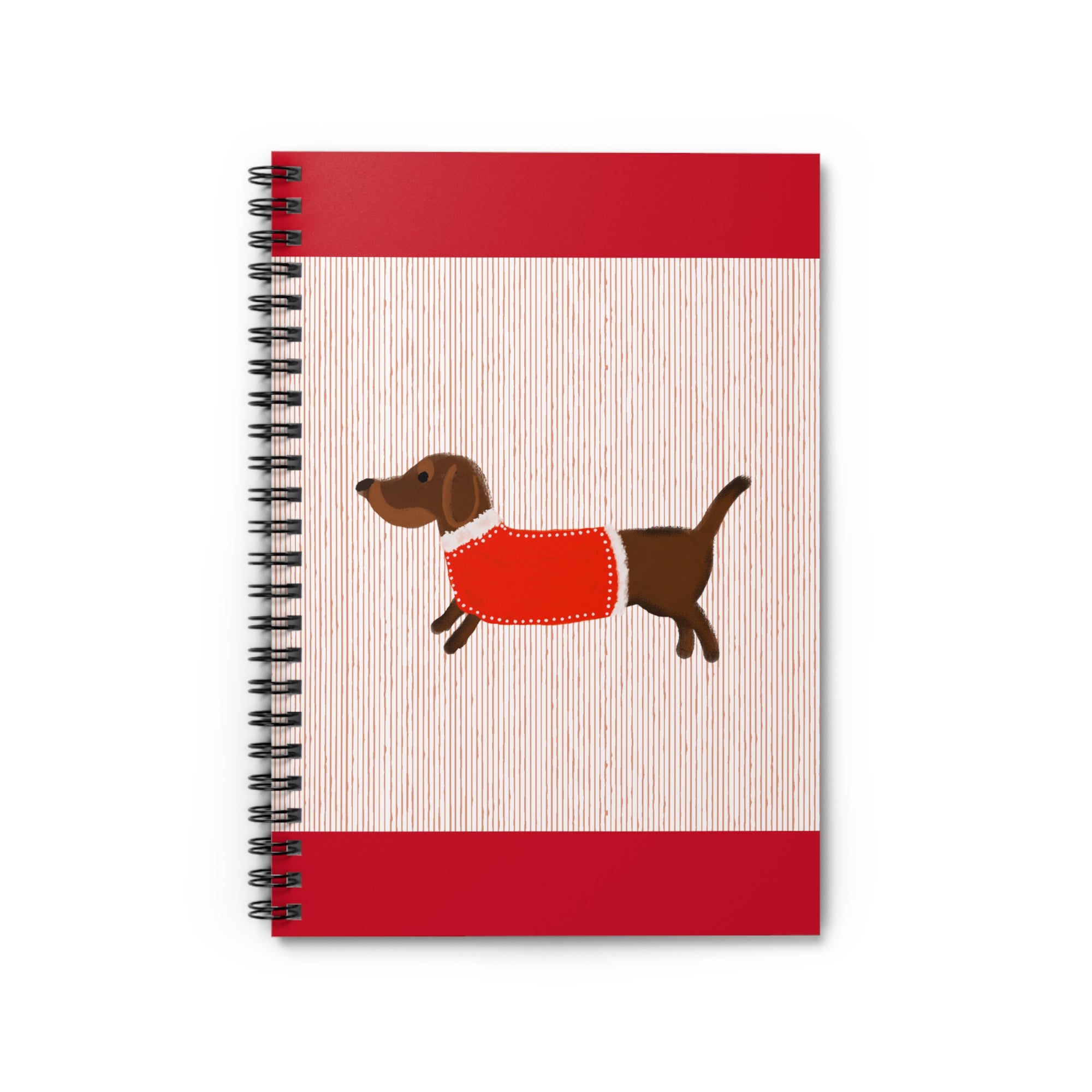 Dachshund Puppy Notebook — Spiral Ruled Journal with Red Sweater Design