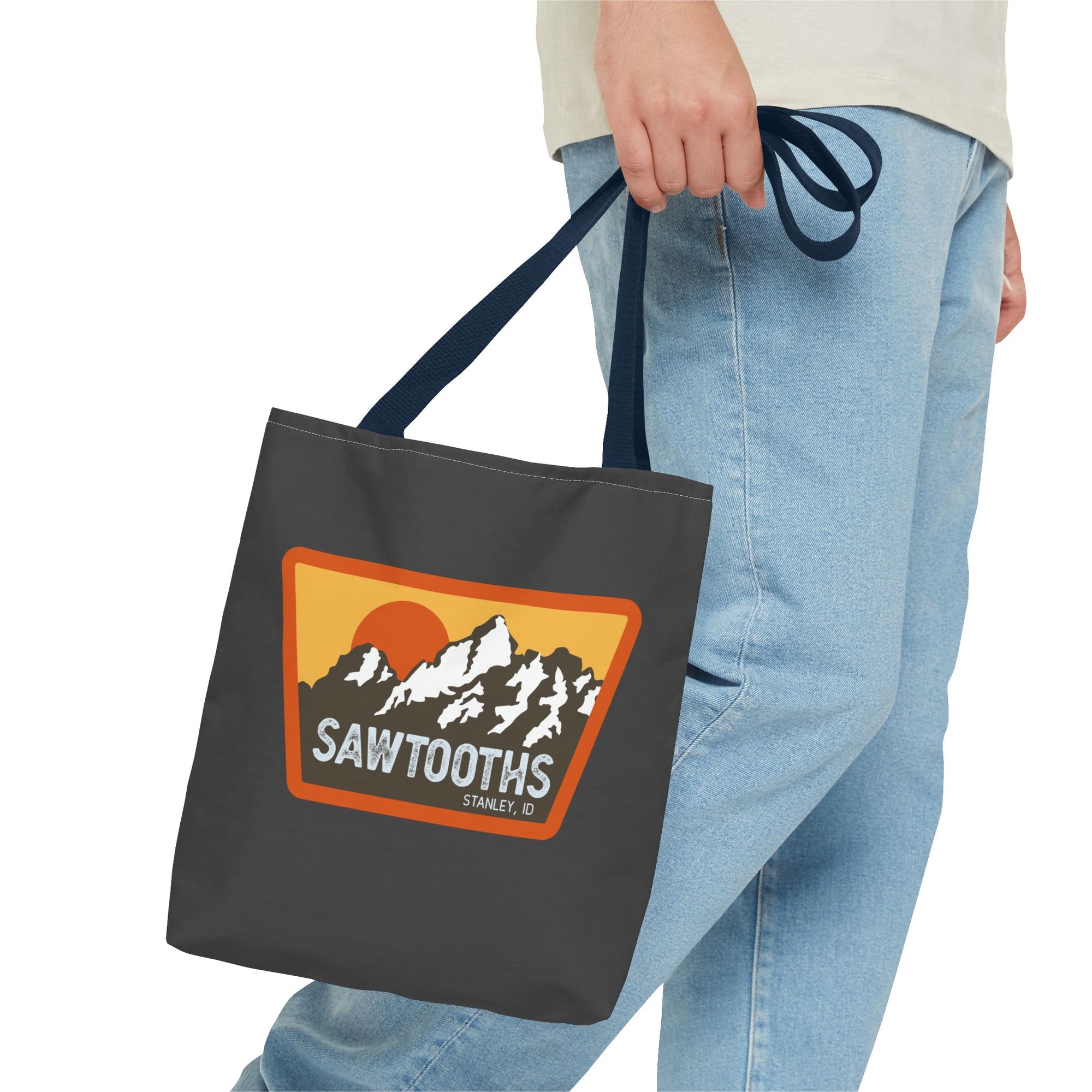 Sawtooths Mountain Tote Bag – Retro Sunset Hiking Graphic Tote