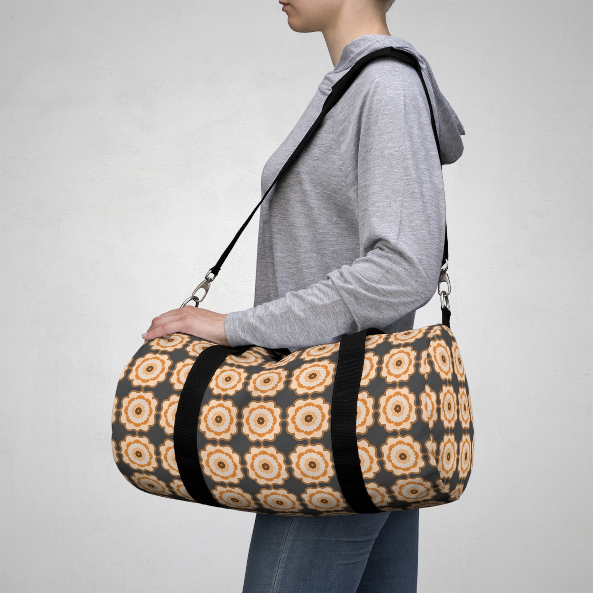 Retro Floral Pattern Duffel Bag – Beige Brown Boho Travel Gym Tote