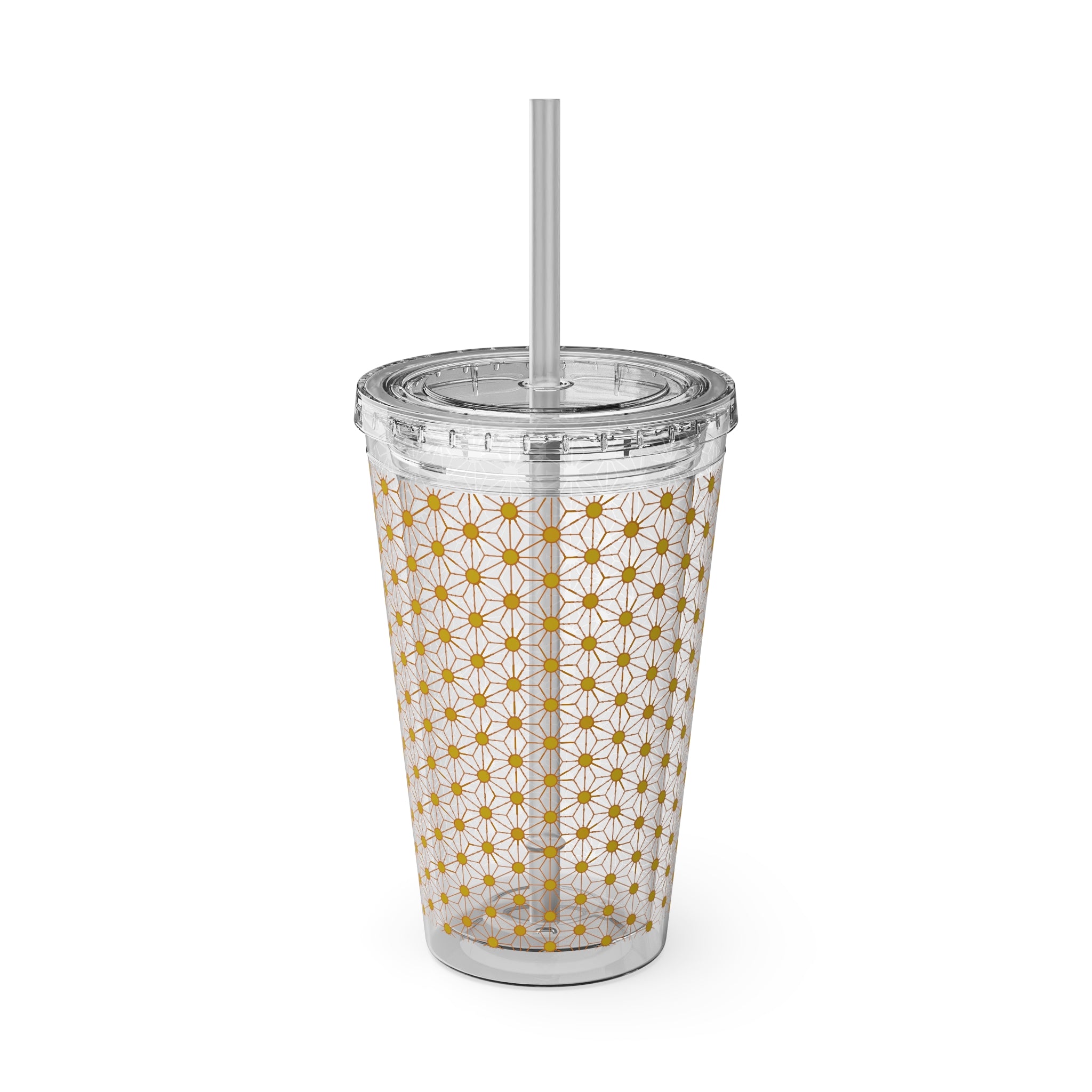 Sunsplash 16oz Tumbler with Straw – Retro Yellow Daisy Pattern, Insulated Cold Cup