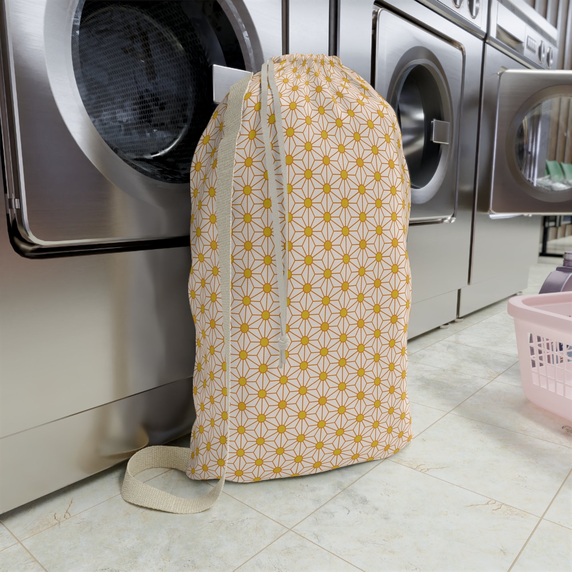 Yellow Geometric Laundry Bag — Cotton Drawstring & Shoulder Strap