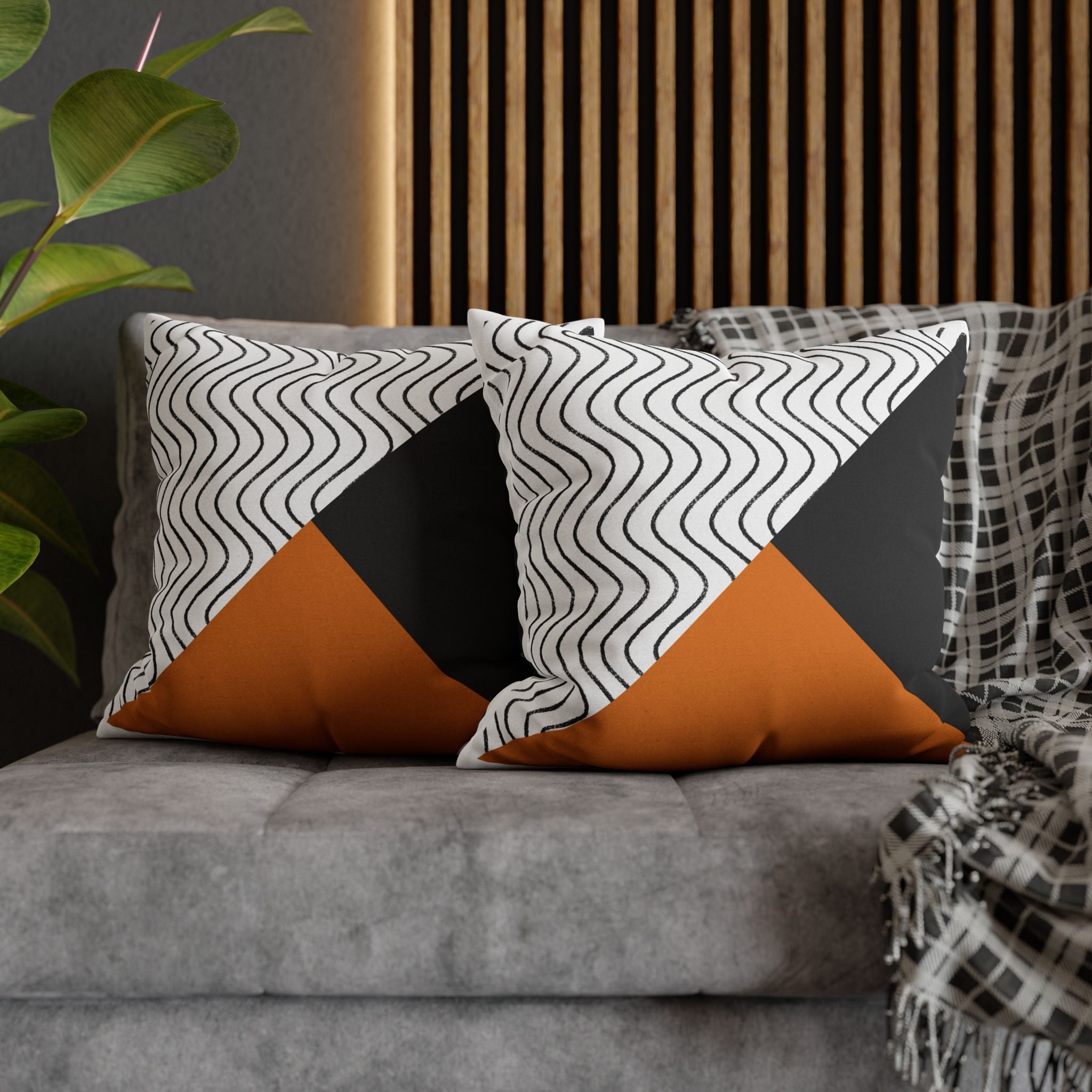 Geometric Wave Accent Pillowcase — Black, White & Orange Modern Square Throw Pillow Cover