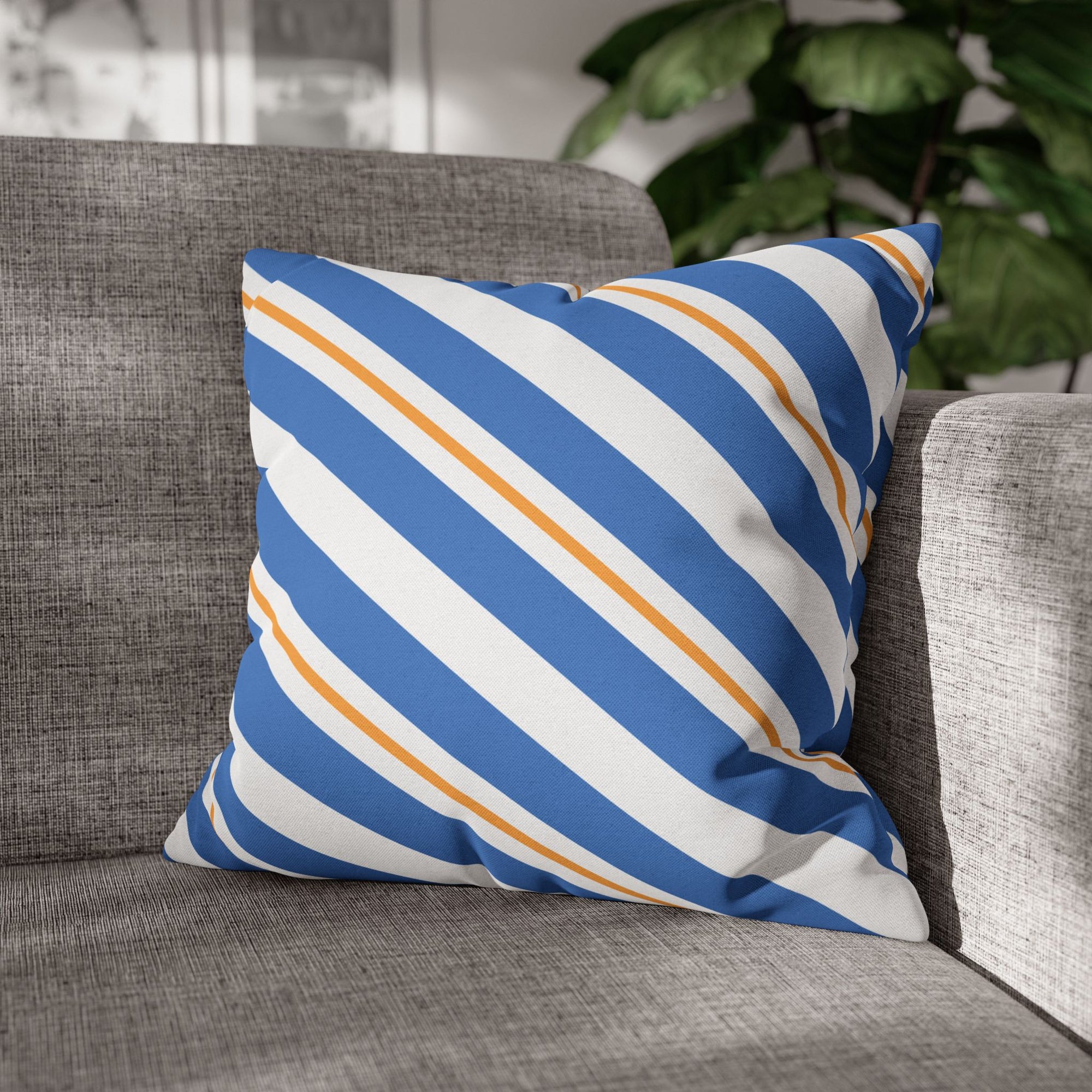 Striped Blue & Gold Decorative Pillowcase — Coastal Accent Square Pillow