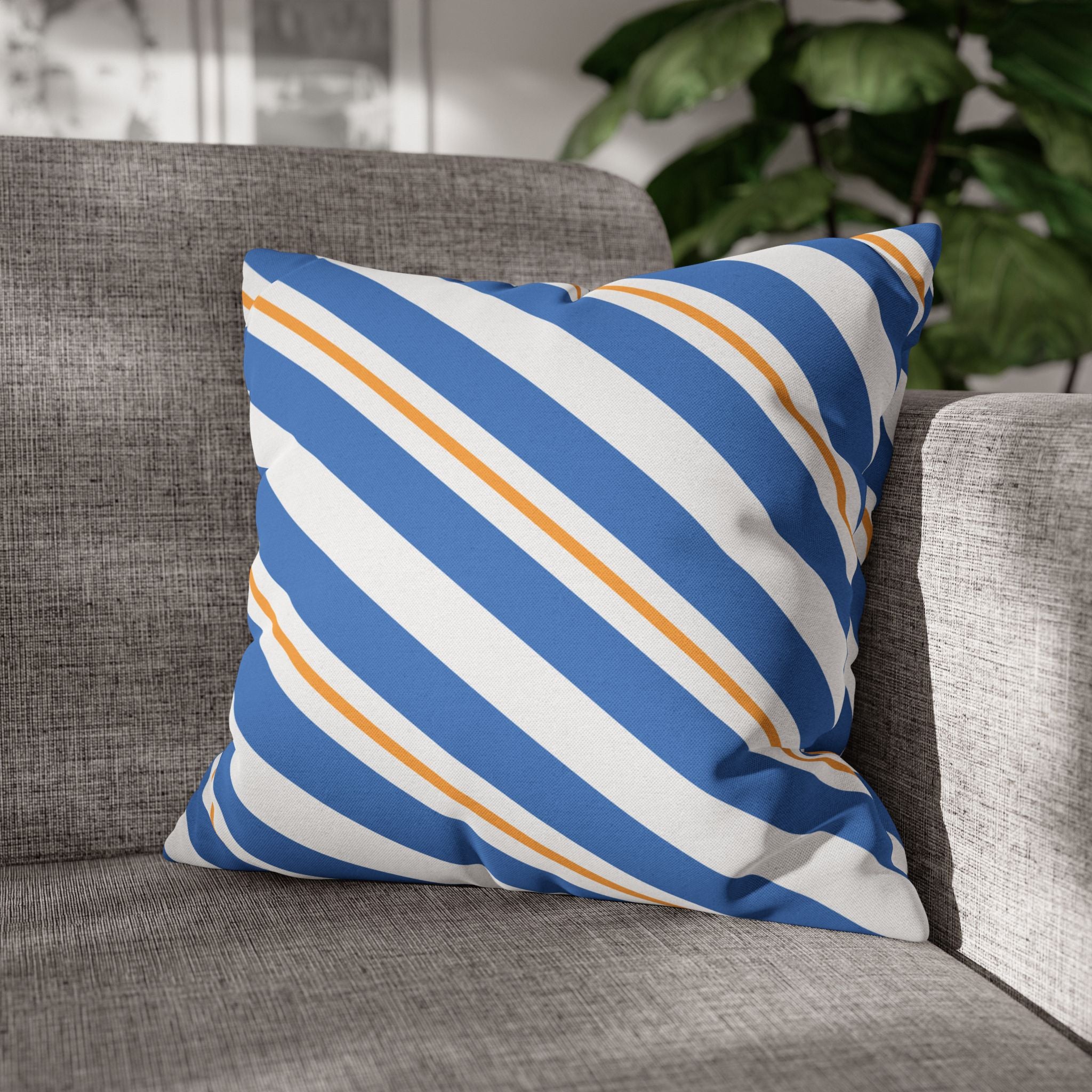 Striped Blue & Gold Decorative Pillowcase — Coastal Accent Square Pillow
