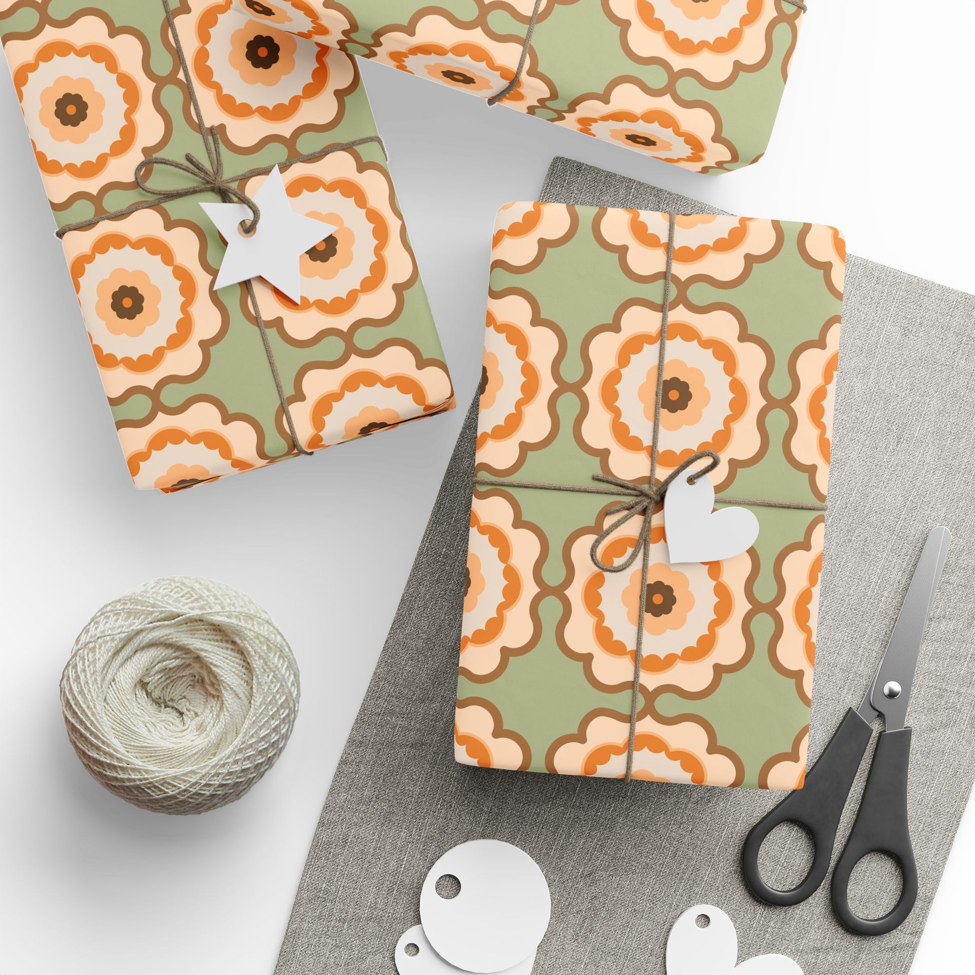 Retro Floral Wrapping Paper Roll — Vintage Orange & Olive Gift Wrap