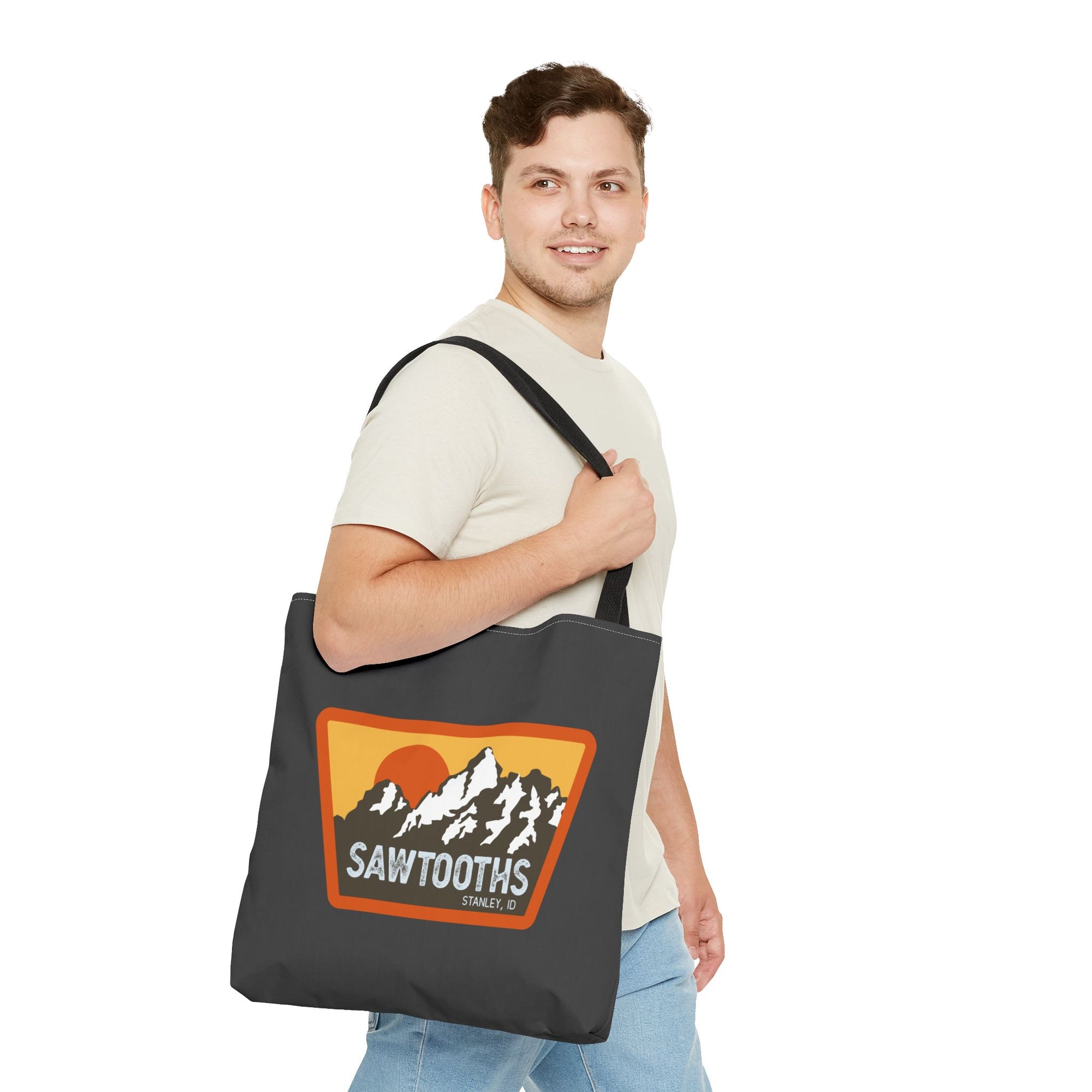 Sawtooths Mountain Tote Bag – Retro Sunset Hiking Graphic Tote