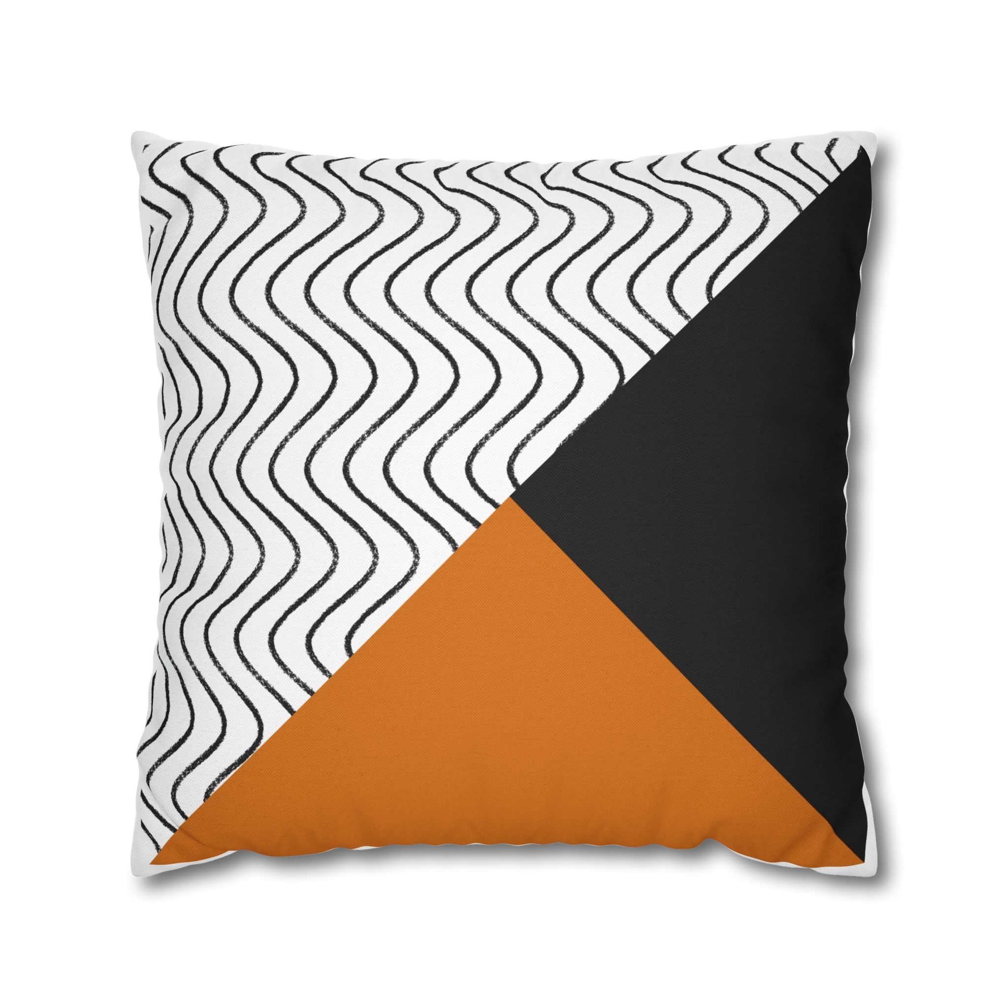 Geometric Wave Accent Pillowcase — Black, White & Orange Modern Square Throw Pillow Cover